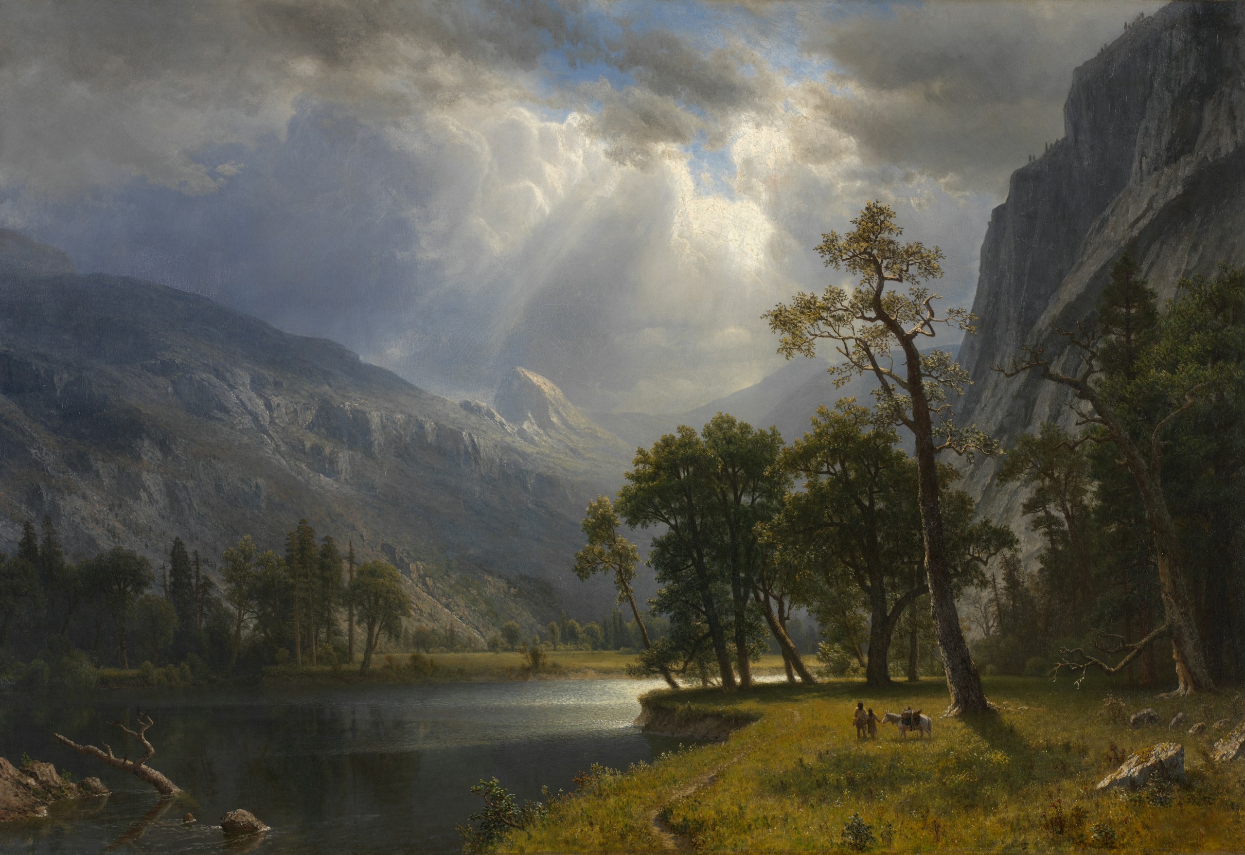 Painting of a majestic mountain valley with a lake HD Wallpaper