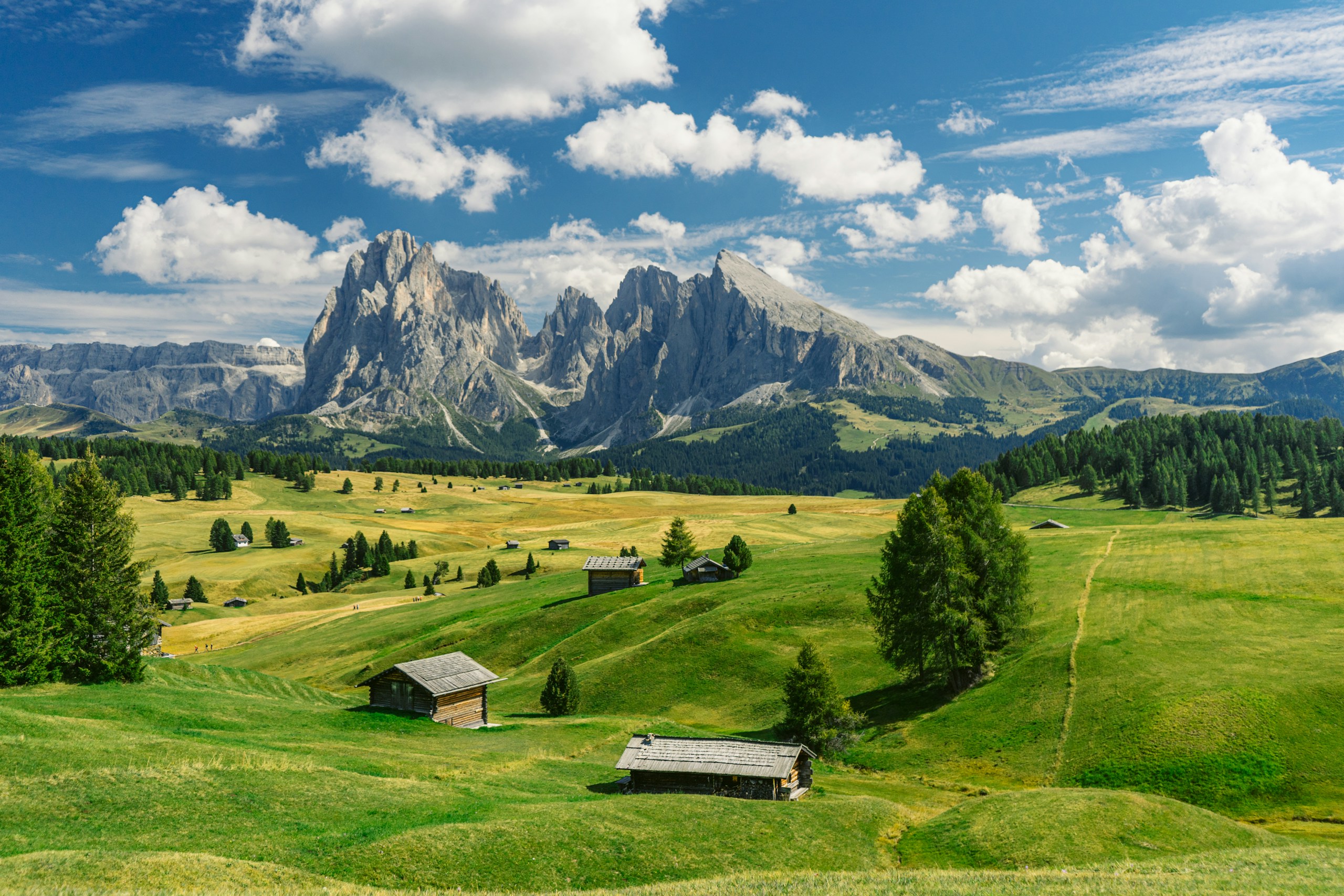 Alpine meadow with wooden huts and mountains HD Wallpaper