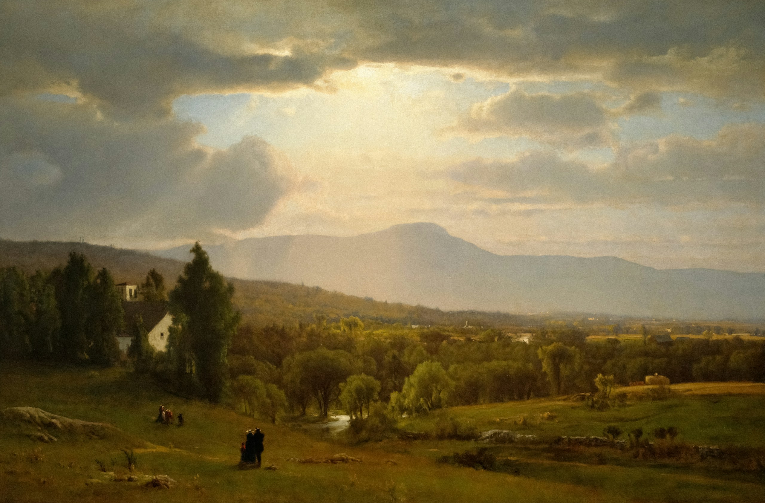 Painting of a valley with mountains and people HD Wallpaper
