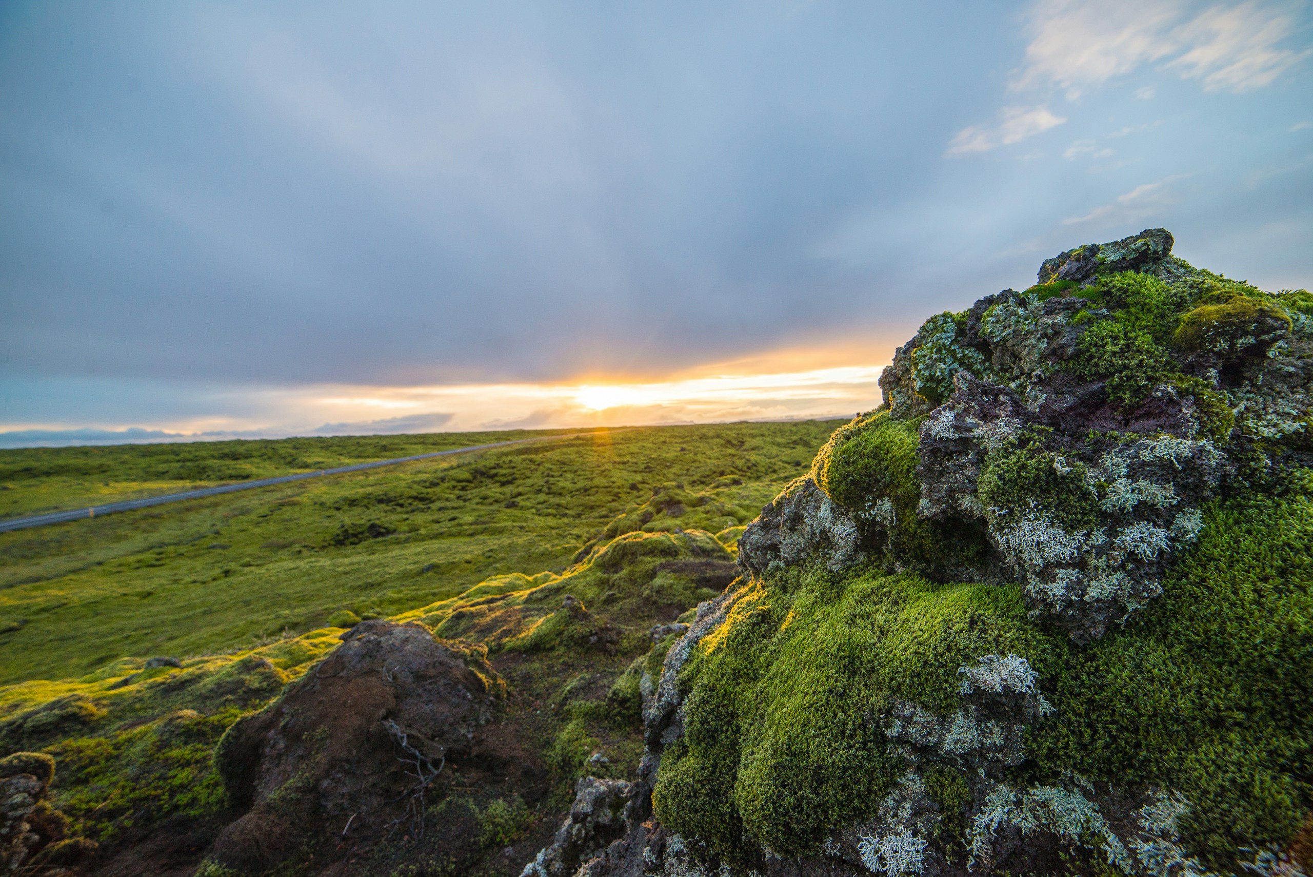 Mossy rocks and a road at sunset HD Wallpaper