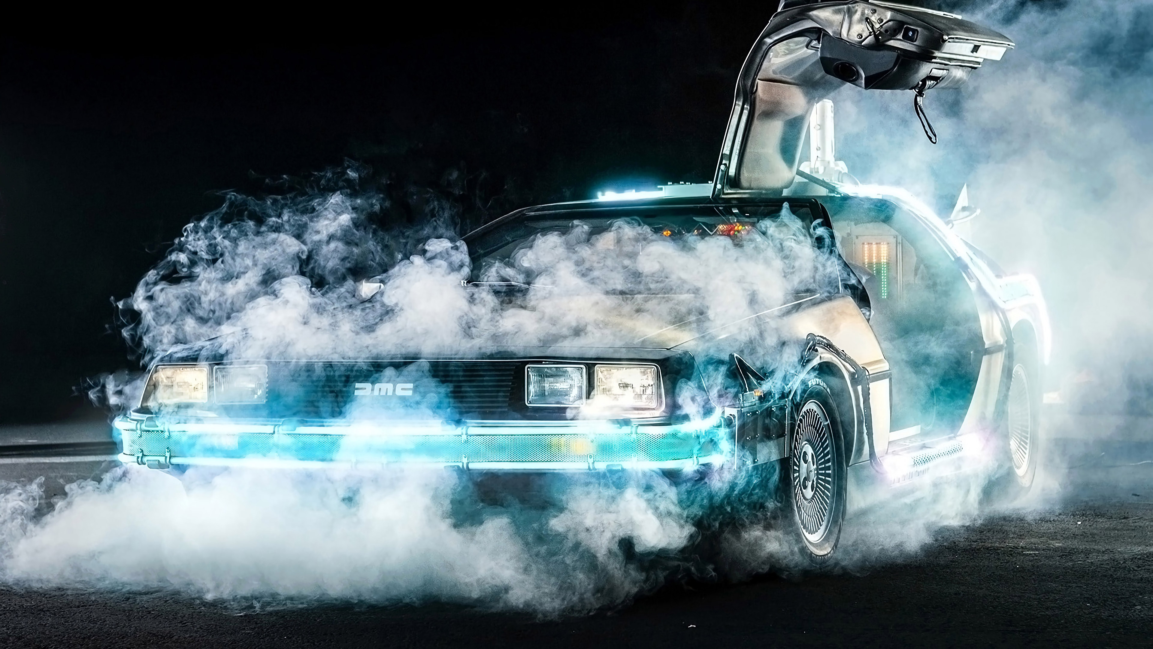 DeLorean DMC-12 'Back to the Future' with smoke and lights HD Wallpaper