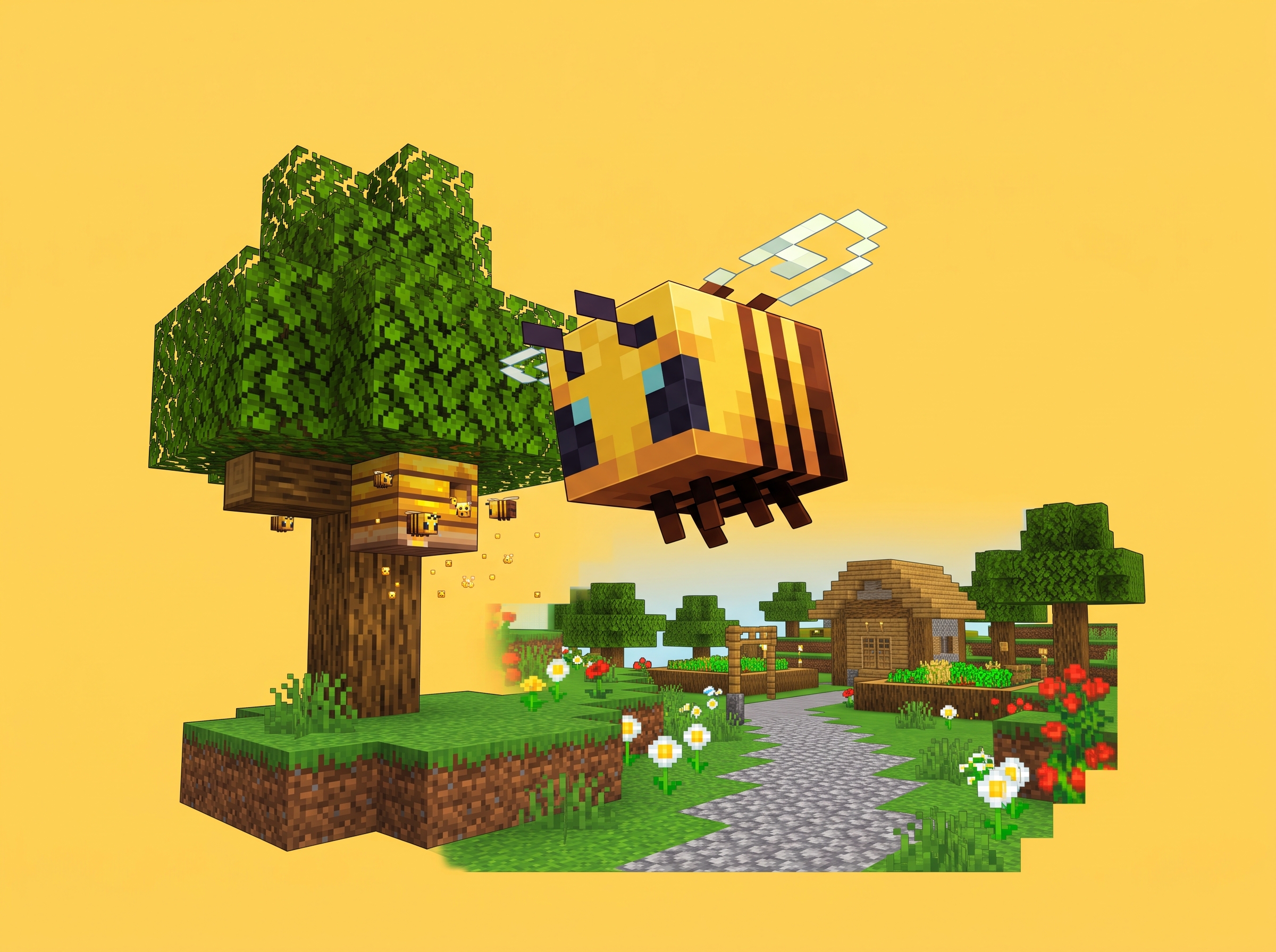 Minecraft Bee flying near a village and beehive HD Wallpaper