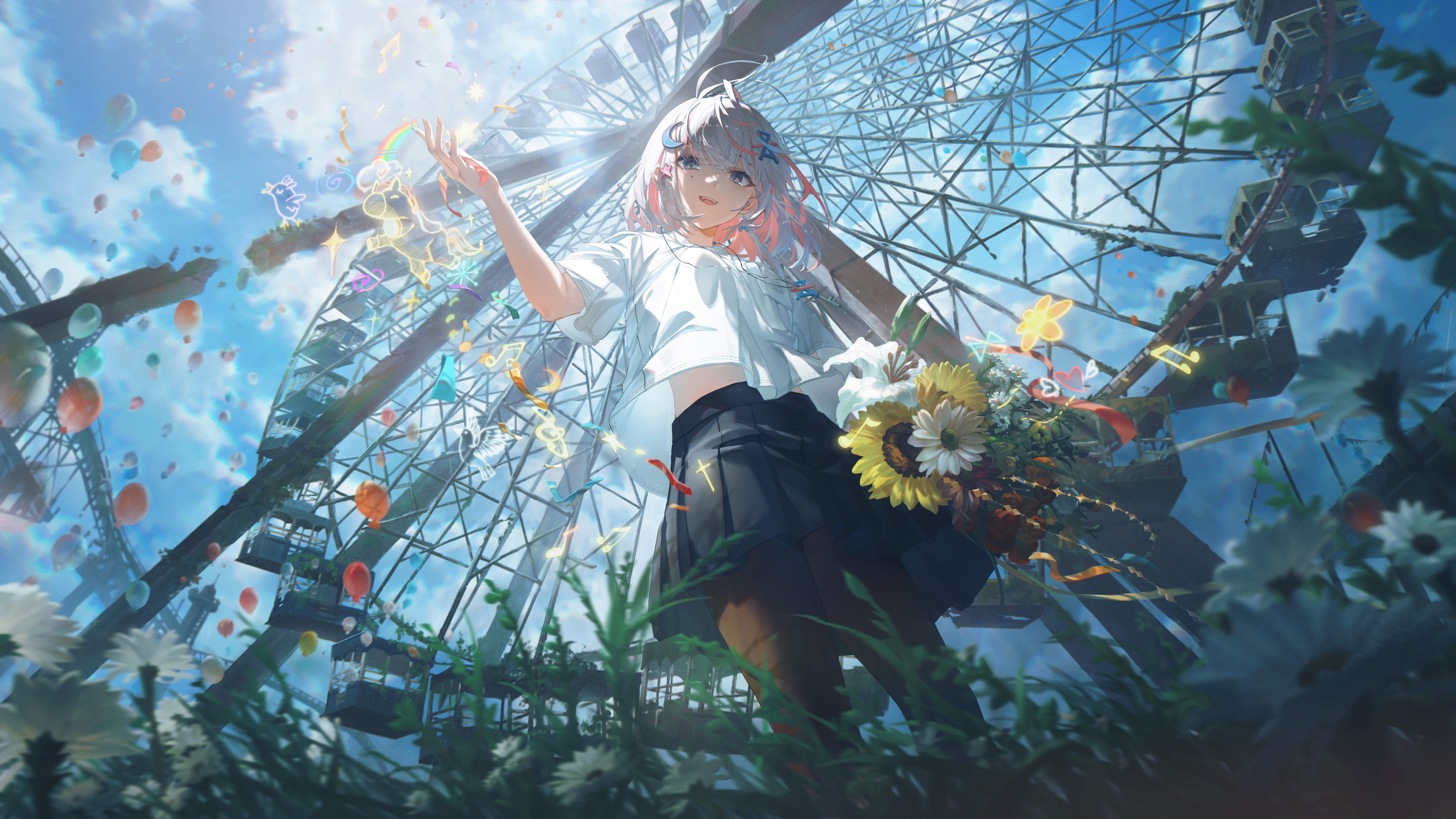 Anime girl with flowers and Ferris wheel HD Wallpaper