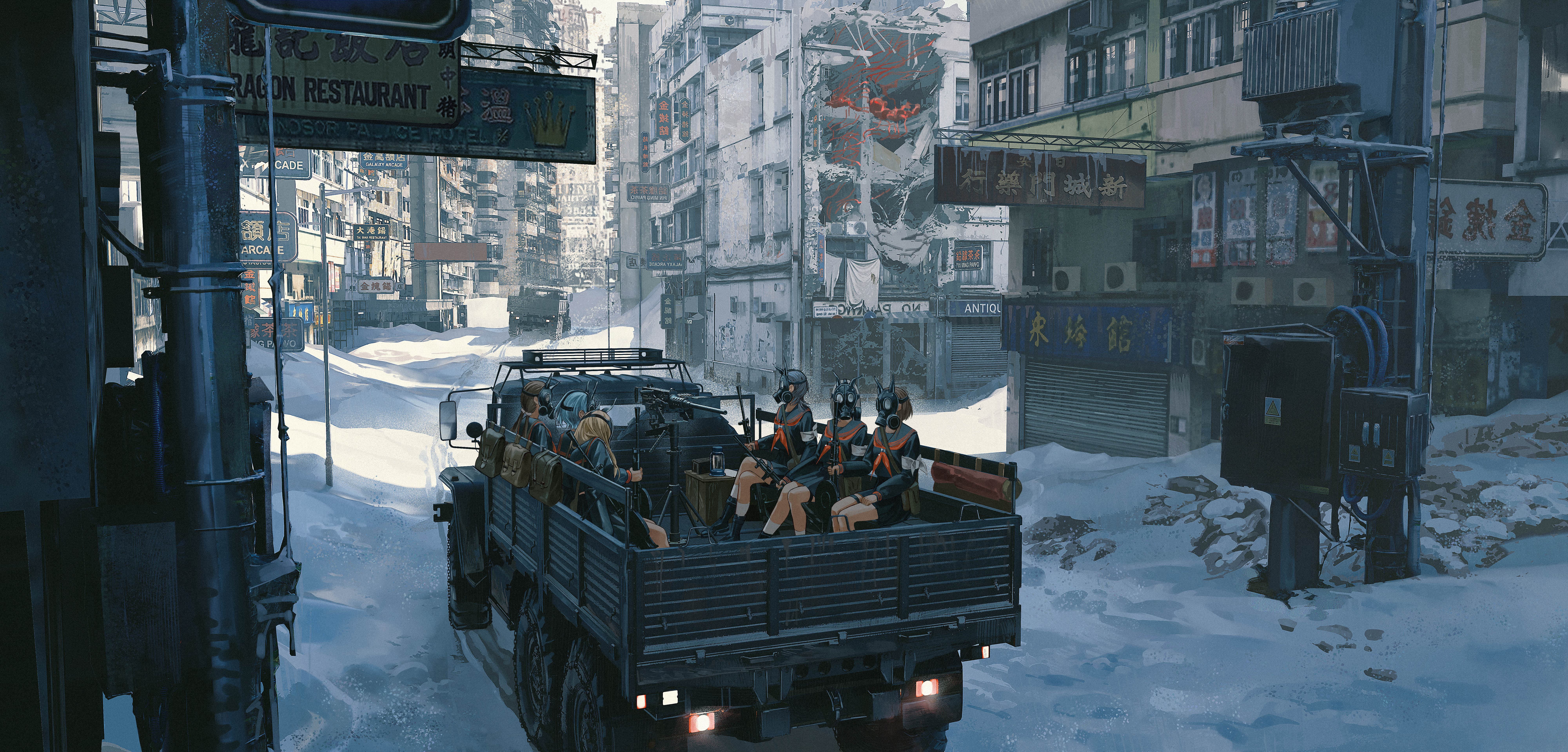 Girls in gas masks in a military truck in a snowy city HD Wallpaper