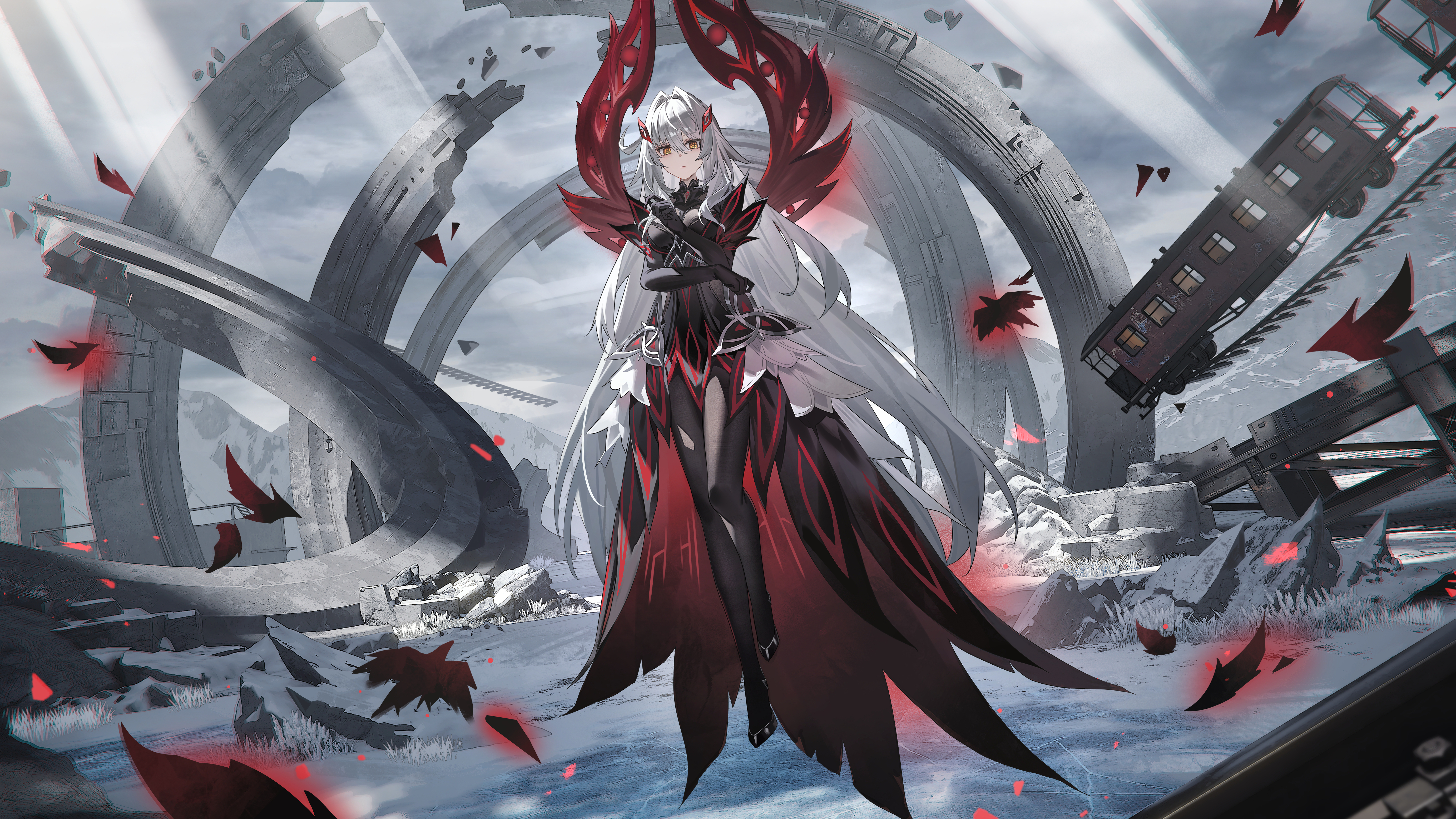 Anime girl with red wings in a ruined landscape HD Wallpaper