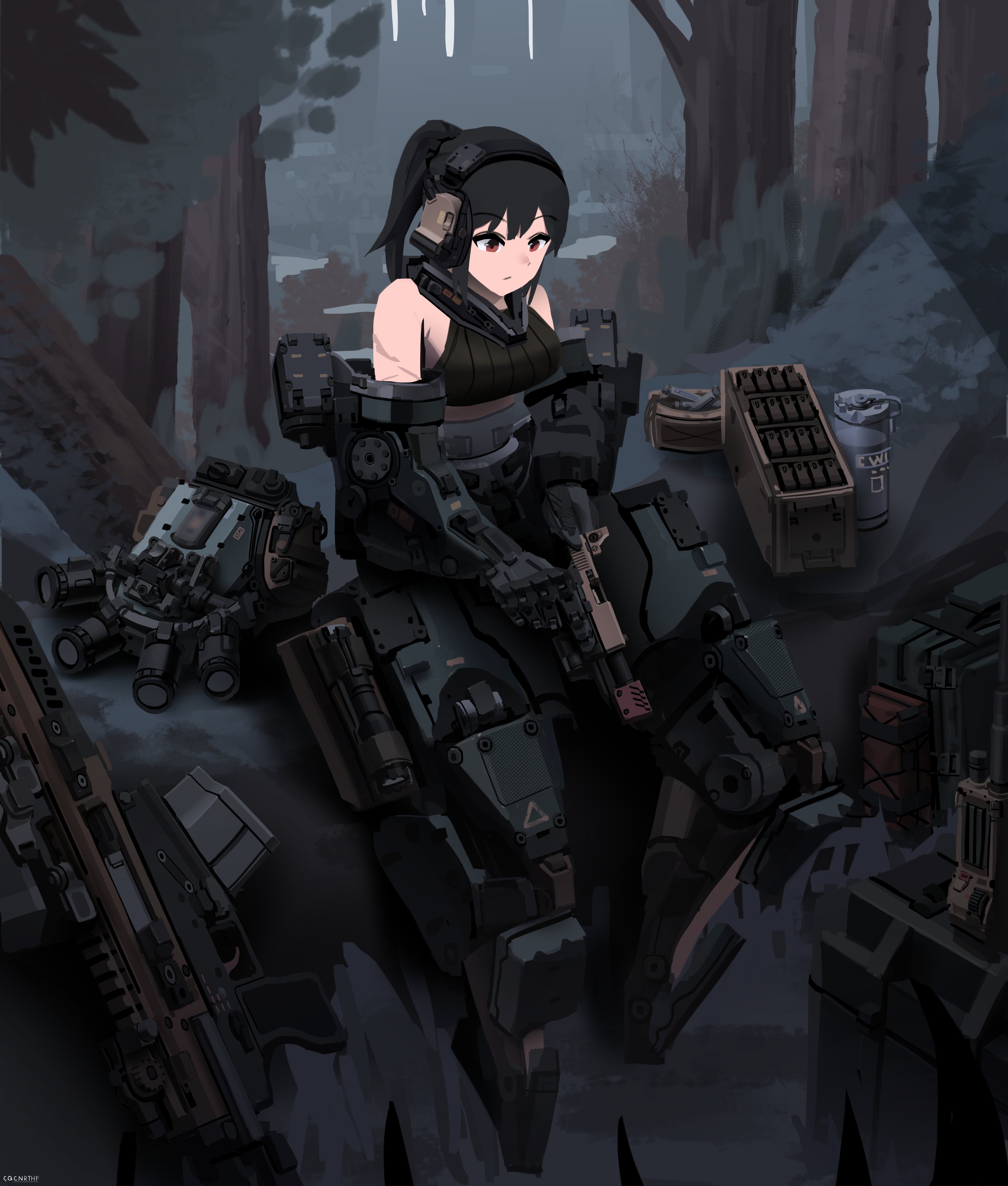 Anime girl in mech suit with weapons in forest HD Wallpaper