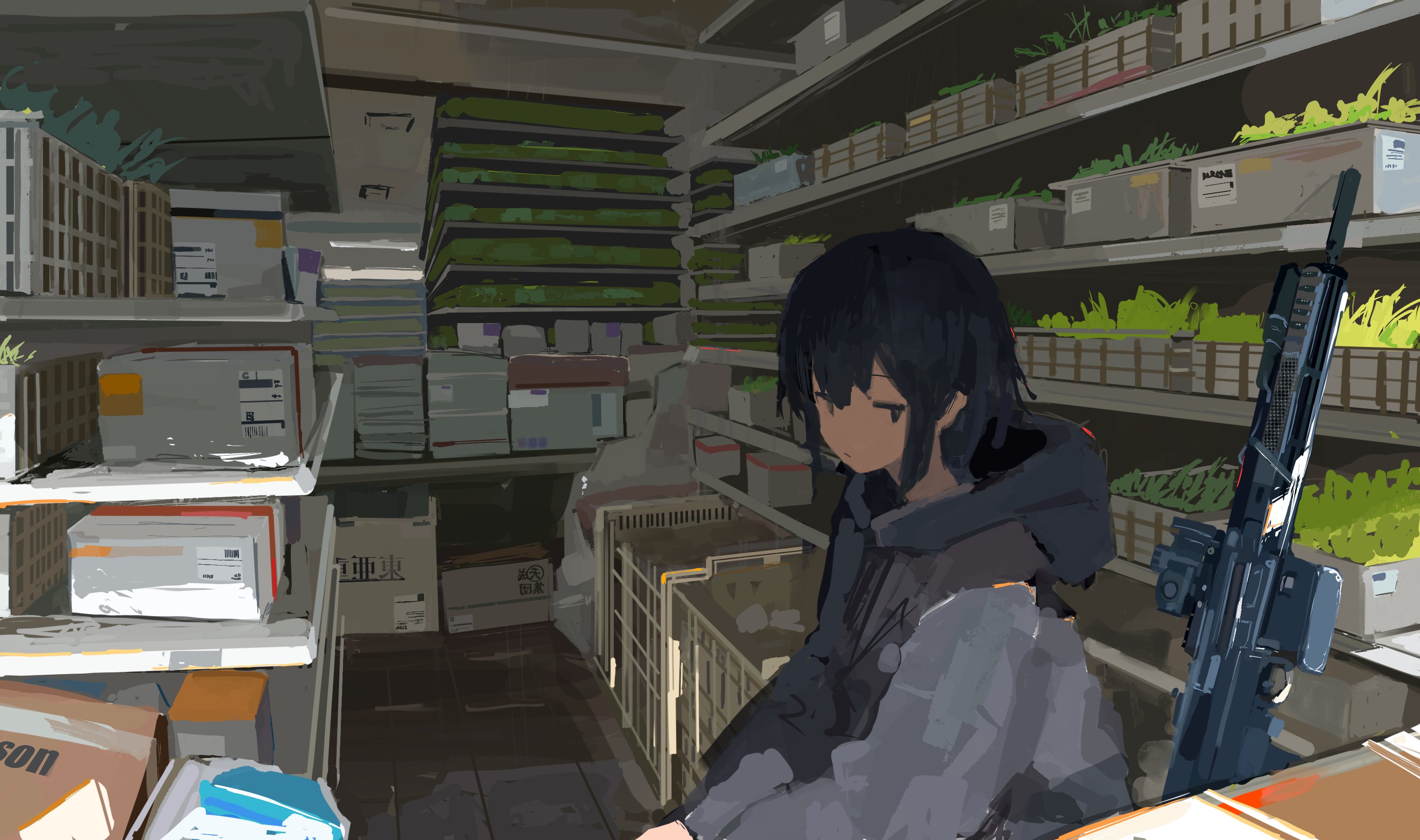 Anime girl with rifle in a storage room HD Wallpaper