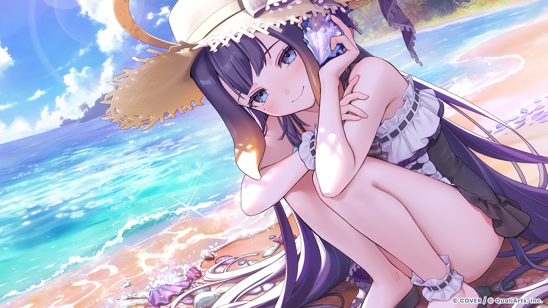 Ninomae Ina'nis on a beach with a seashell HD Wallpaper