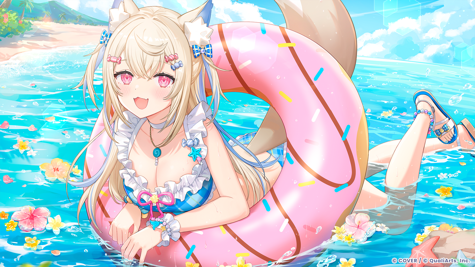 Marine Houshou in a donut float at the beach HD Wallpaper