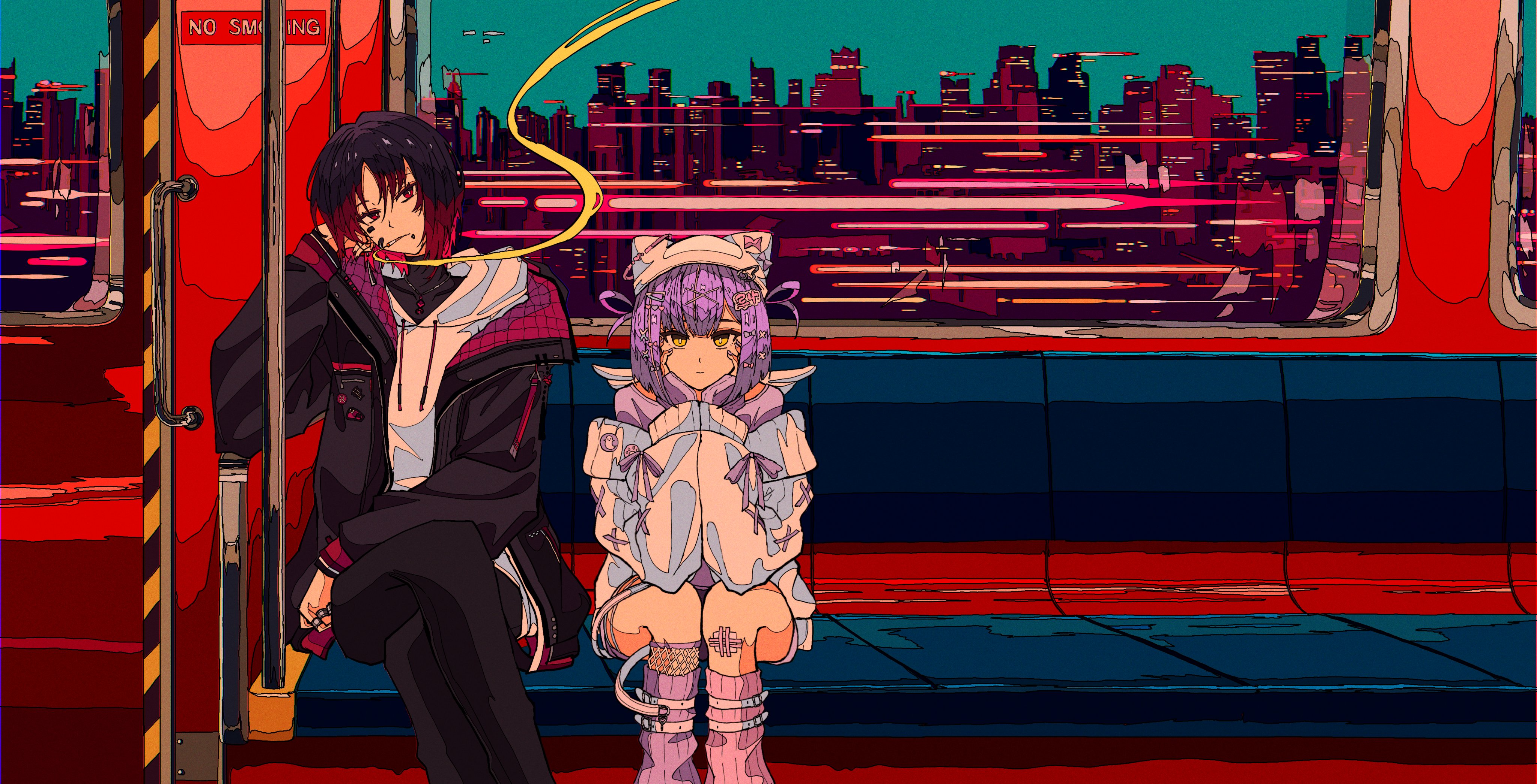 Anime characters on a train with a city skyline HD Wallpaper