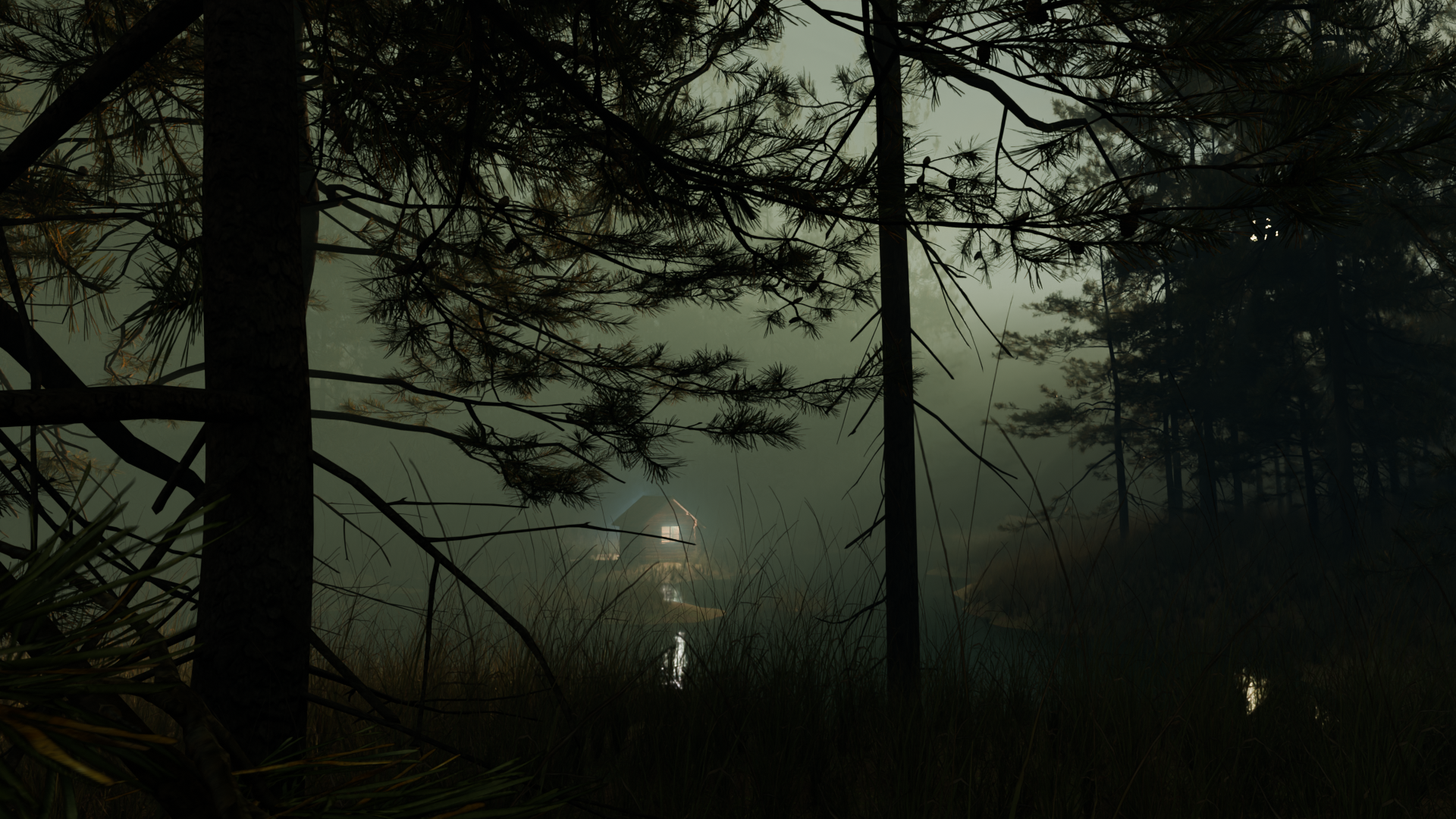 Misty forest with a glowing cabin by the water HD Wallpaper