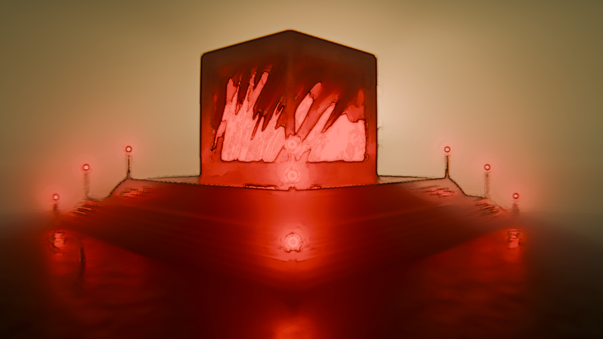 Red cube with glowing lights on a dark surface HD Wallpaper
