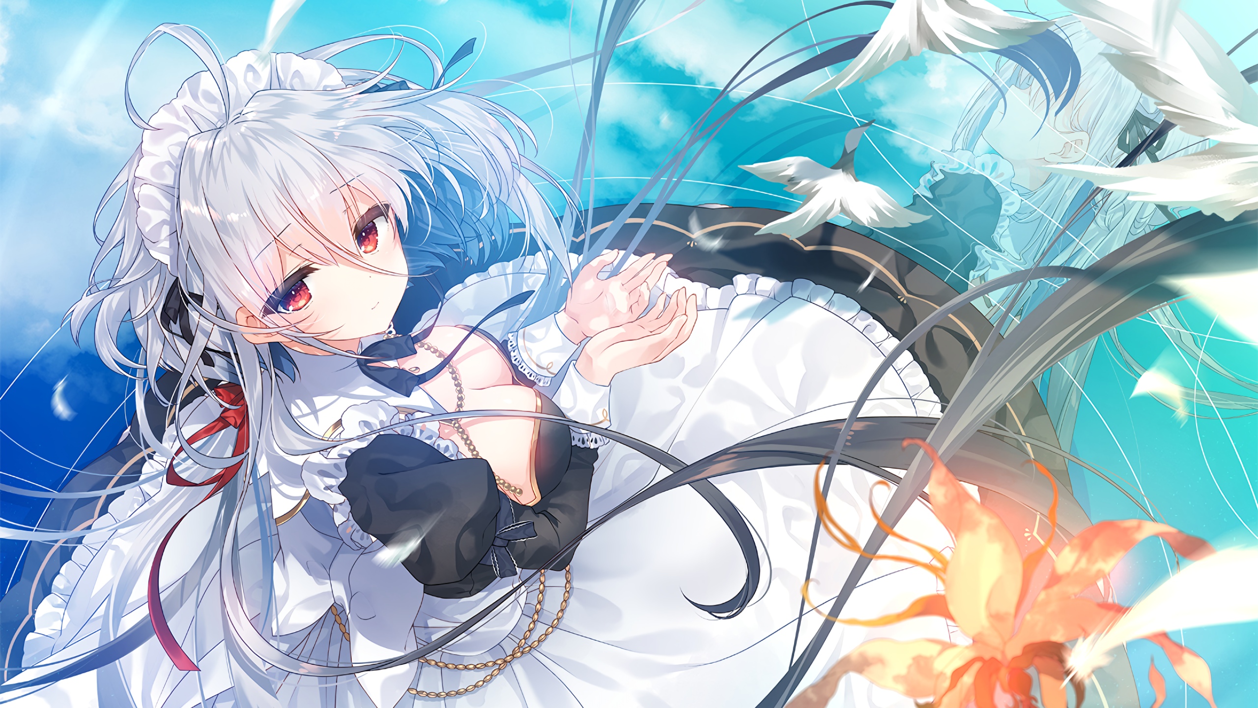 Anime girl in maid outfit with white birds HD Wallpaper