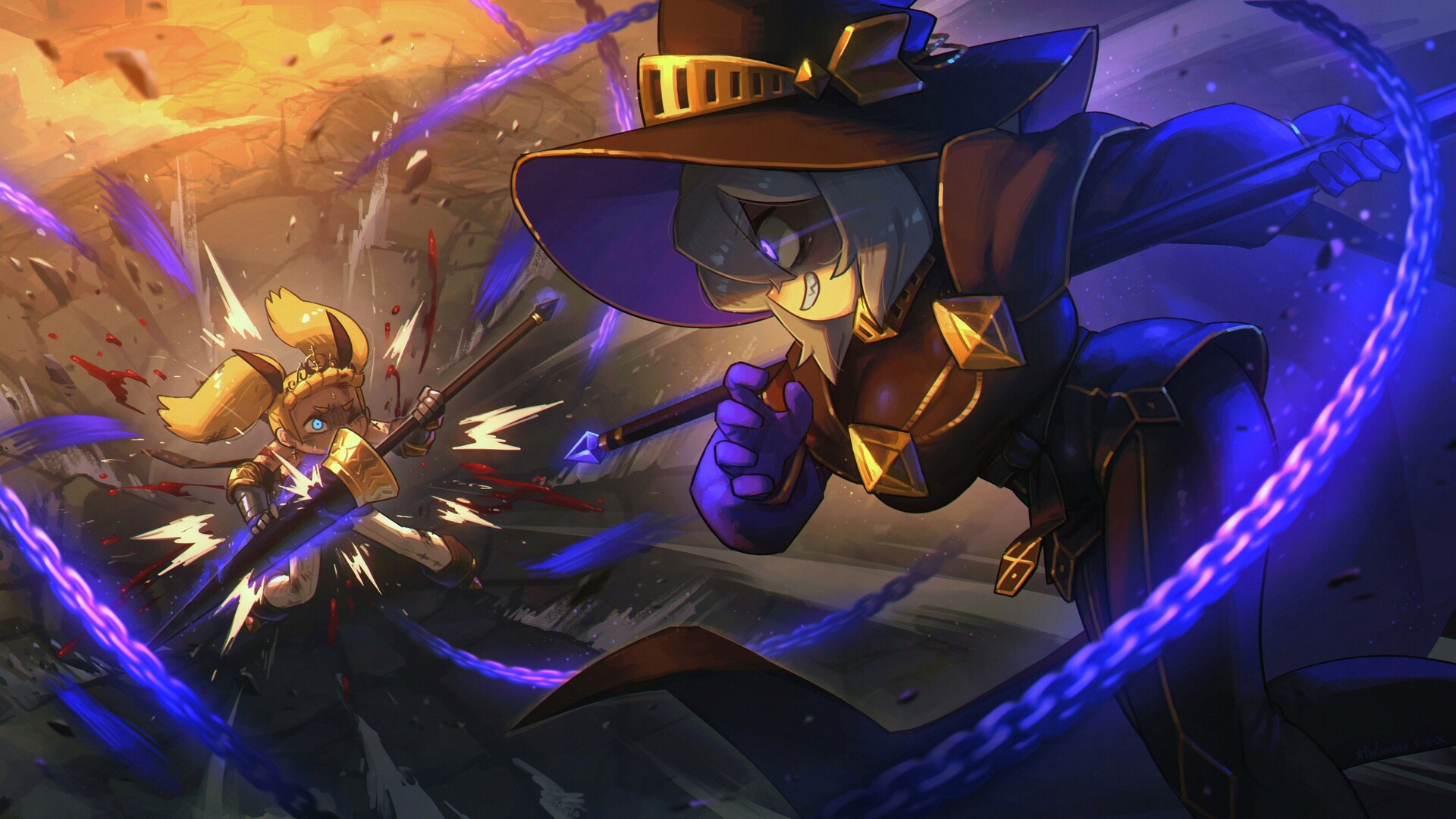 Anime characters in a magical battle with purple energy HD Wallpaper