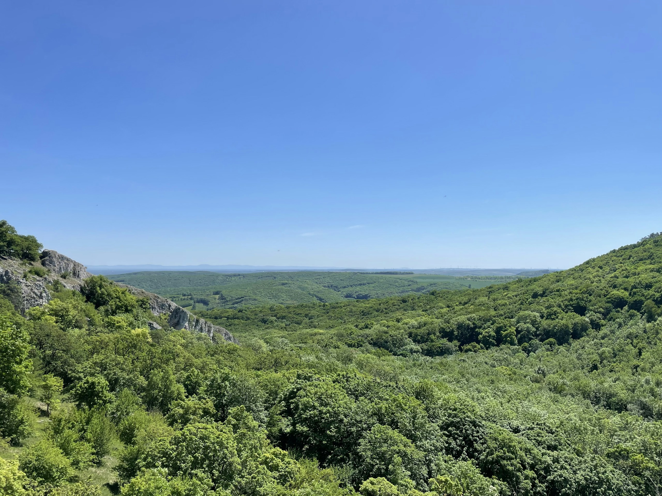 Lush green valley with rocky outcrop under blue sky HD Wallpaper