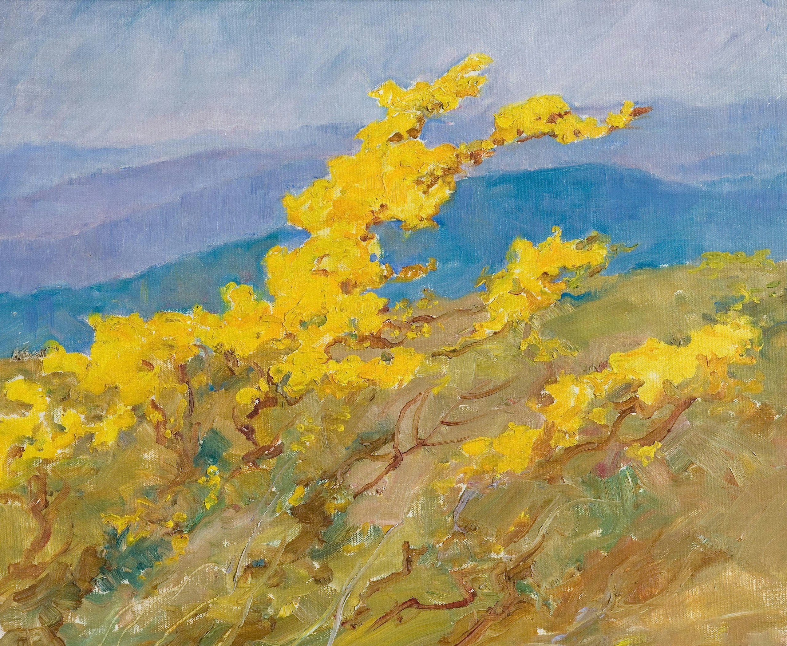 Painting of yellow trees on a hillside HD Wallpaper