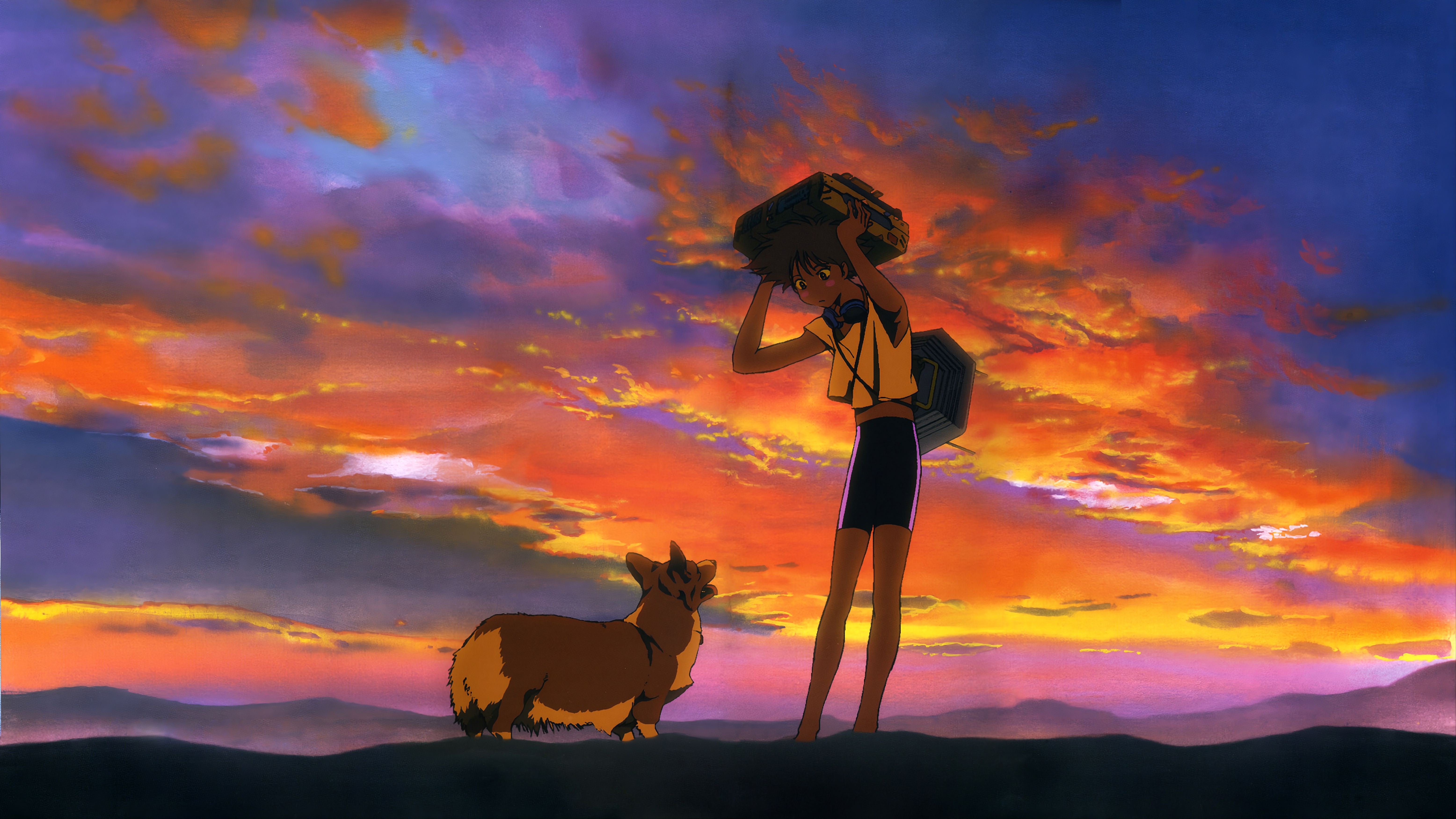 Ed and Ein in a sunset landscape from Cowboy Bebop HD Wallpaper