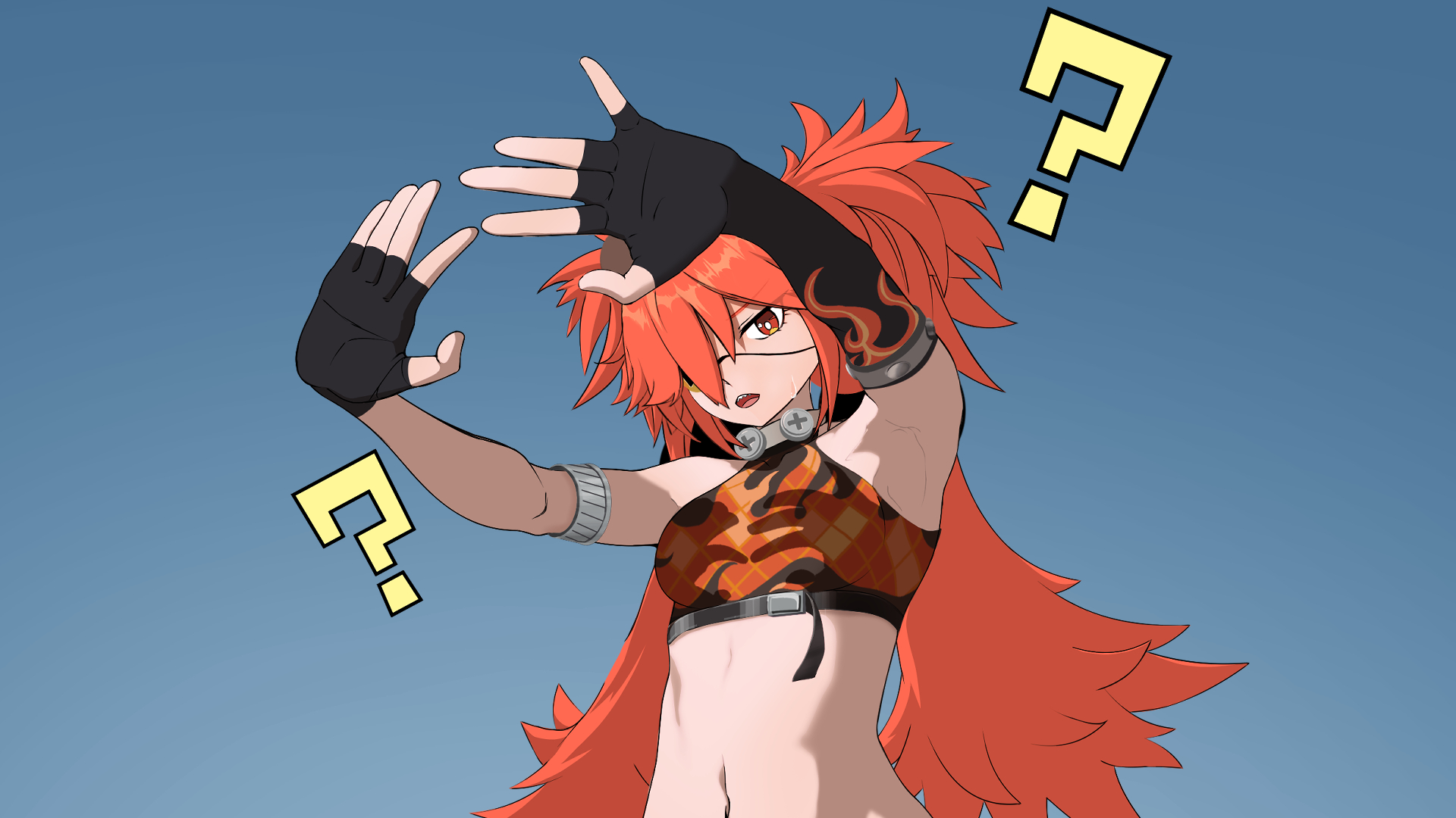 Anime girl with orange hair and question marks HD Wallpaper