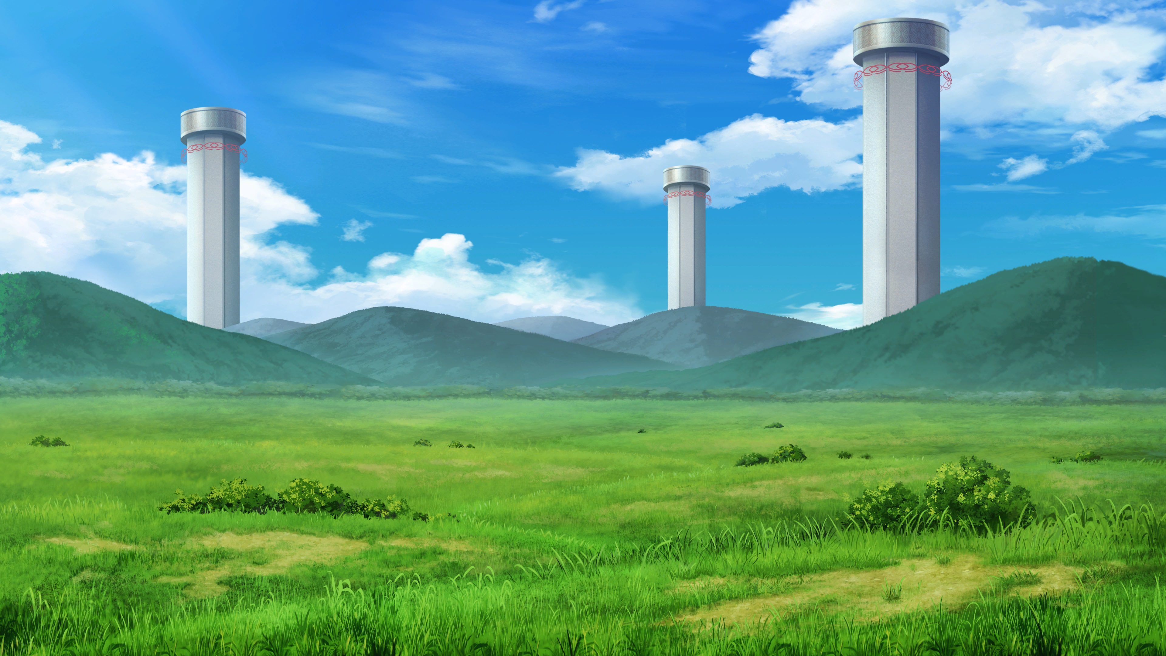 Anime landscape with tall towers and green hills HD Wallpaper