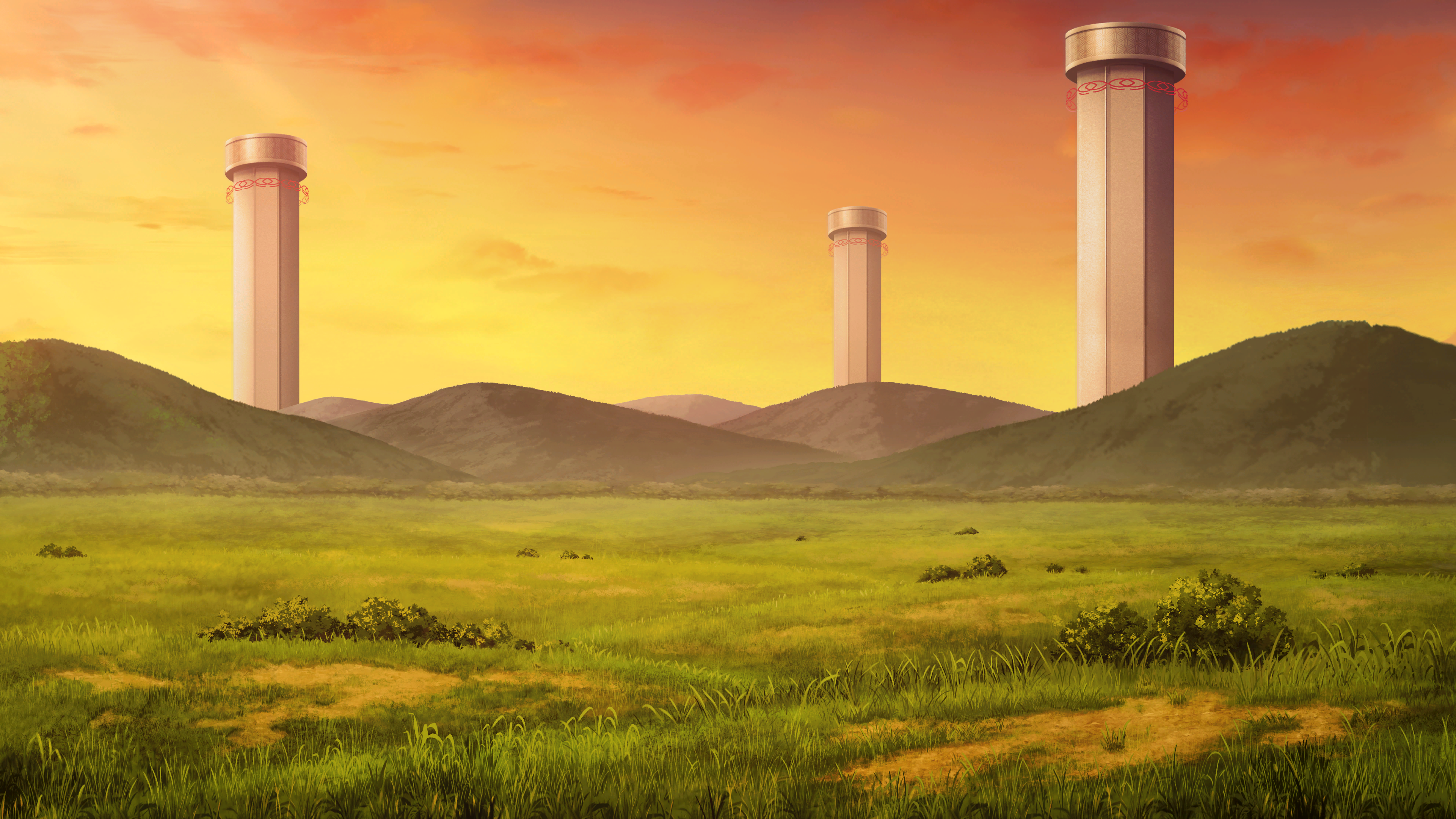 Anime landscape with towers at sunset HD Wallpaper