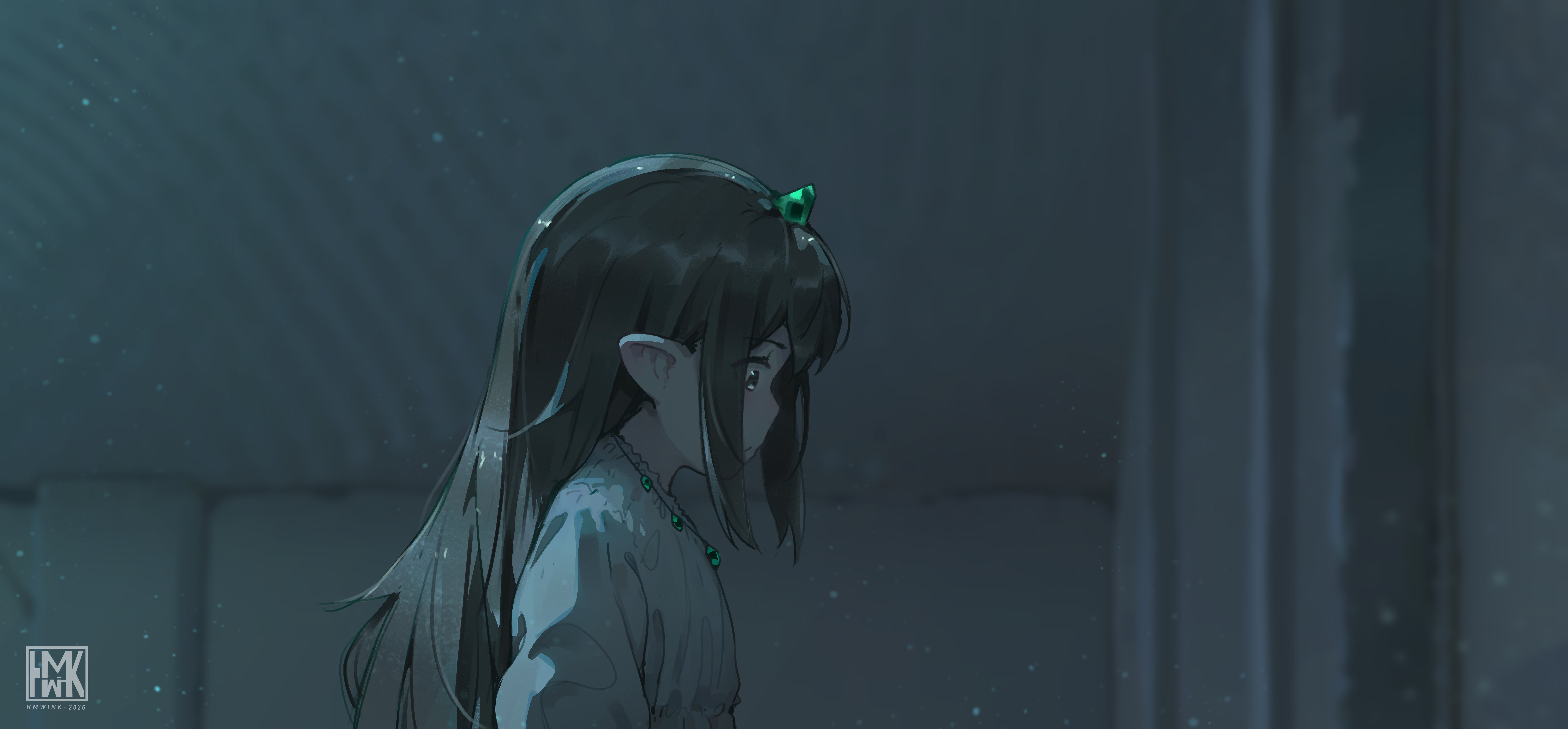 Anime girl with elf ears and green gem jewelry HD Wallpaper