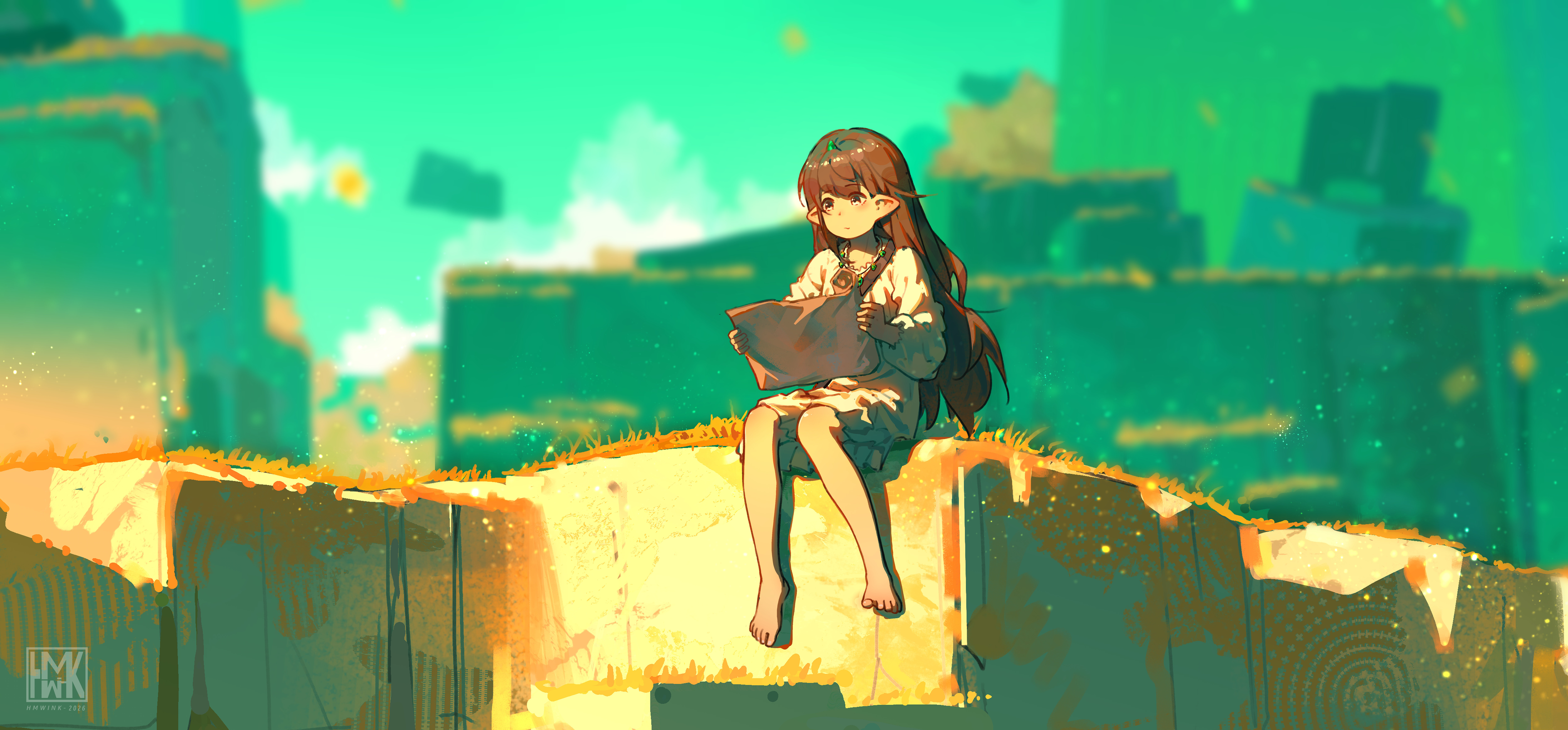 Girl sitting on ruins holding a bag HD Wallpaper
