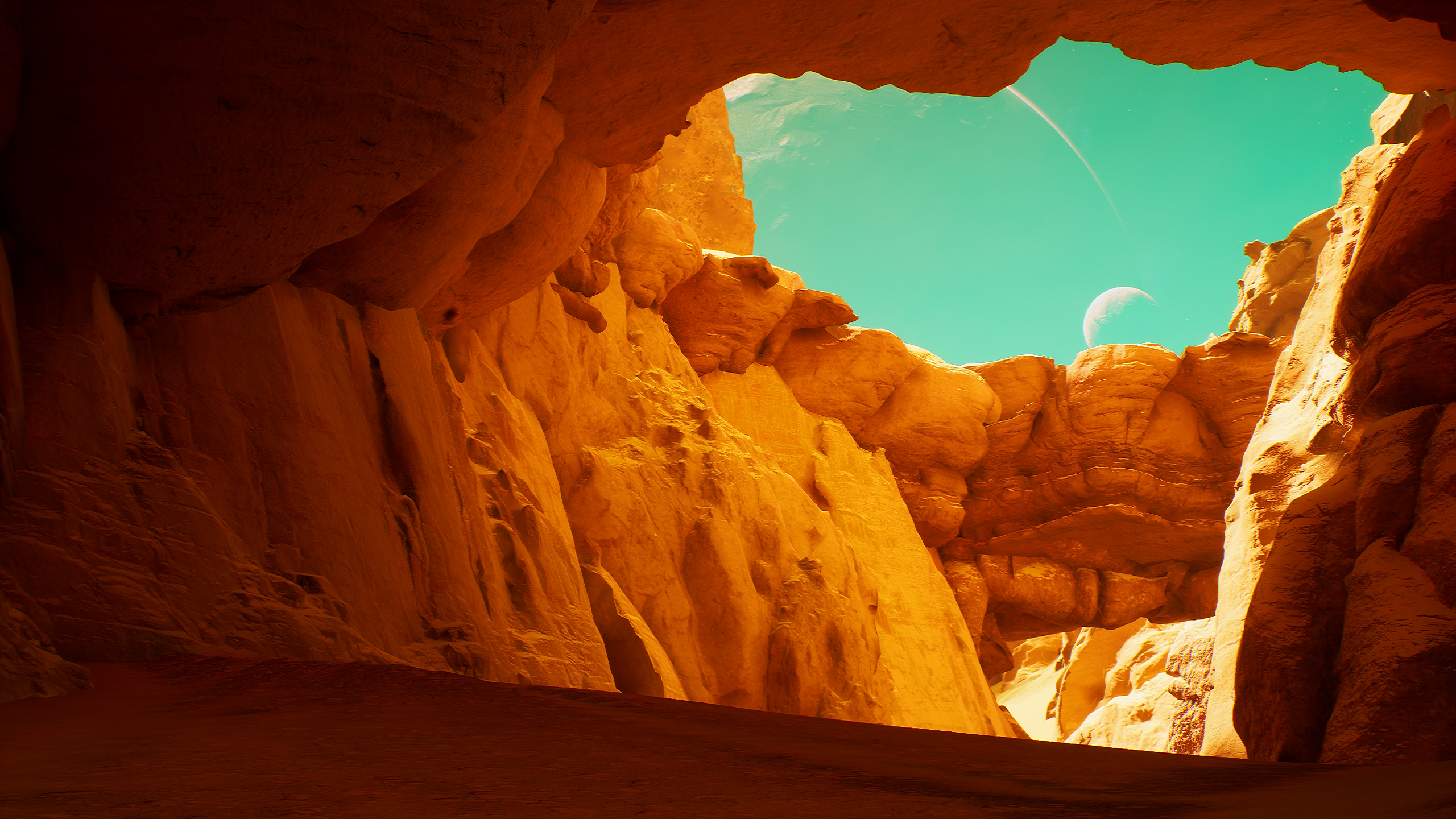 Alien planet cave entrance with moon and ringed planet HD Wallpaper