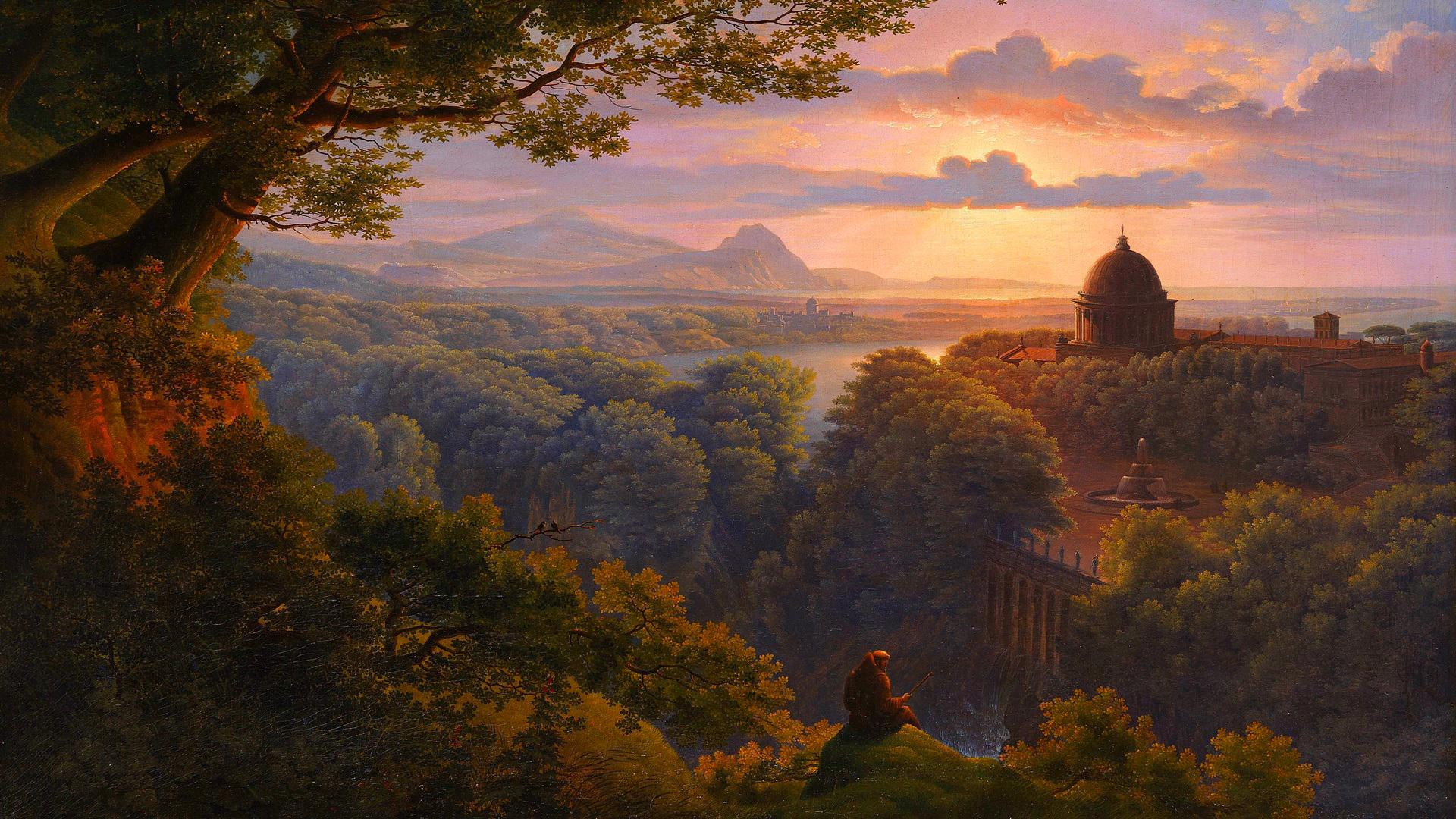 Monk overlooking a landscape at sunset HD Wallpaper