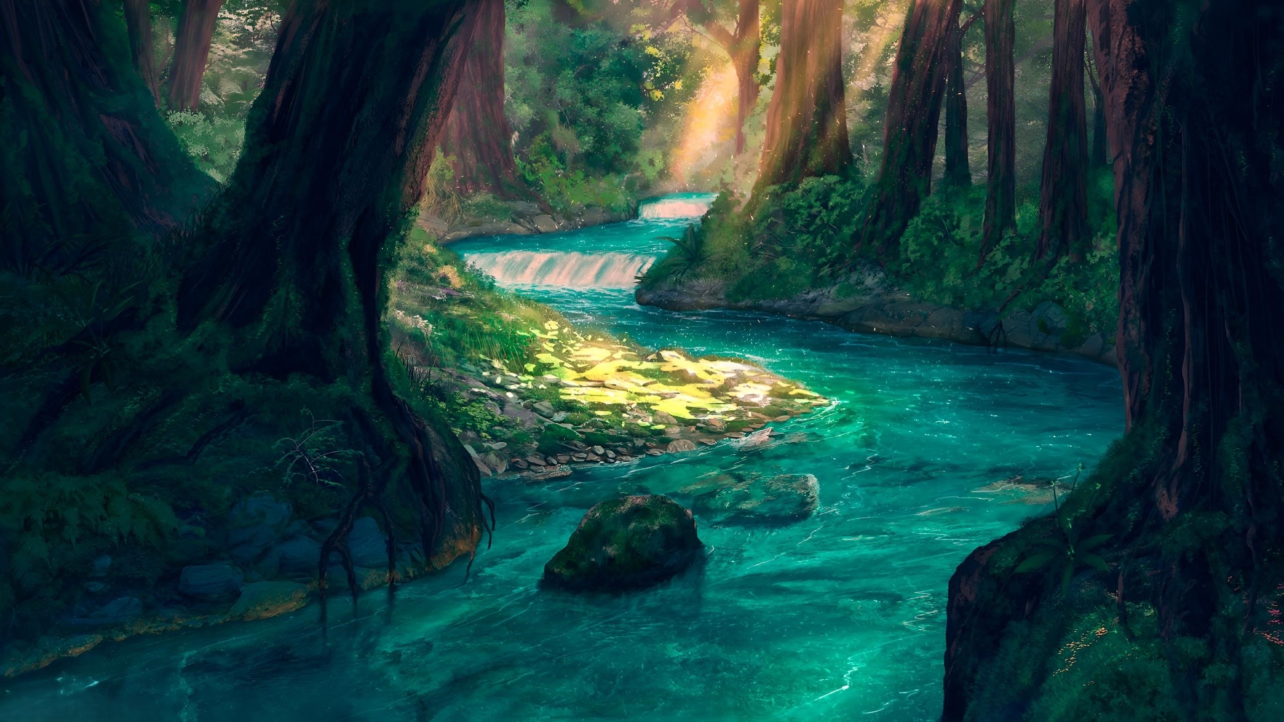 Enchanted forest stream with sunbeams HD Wallpaper