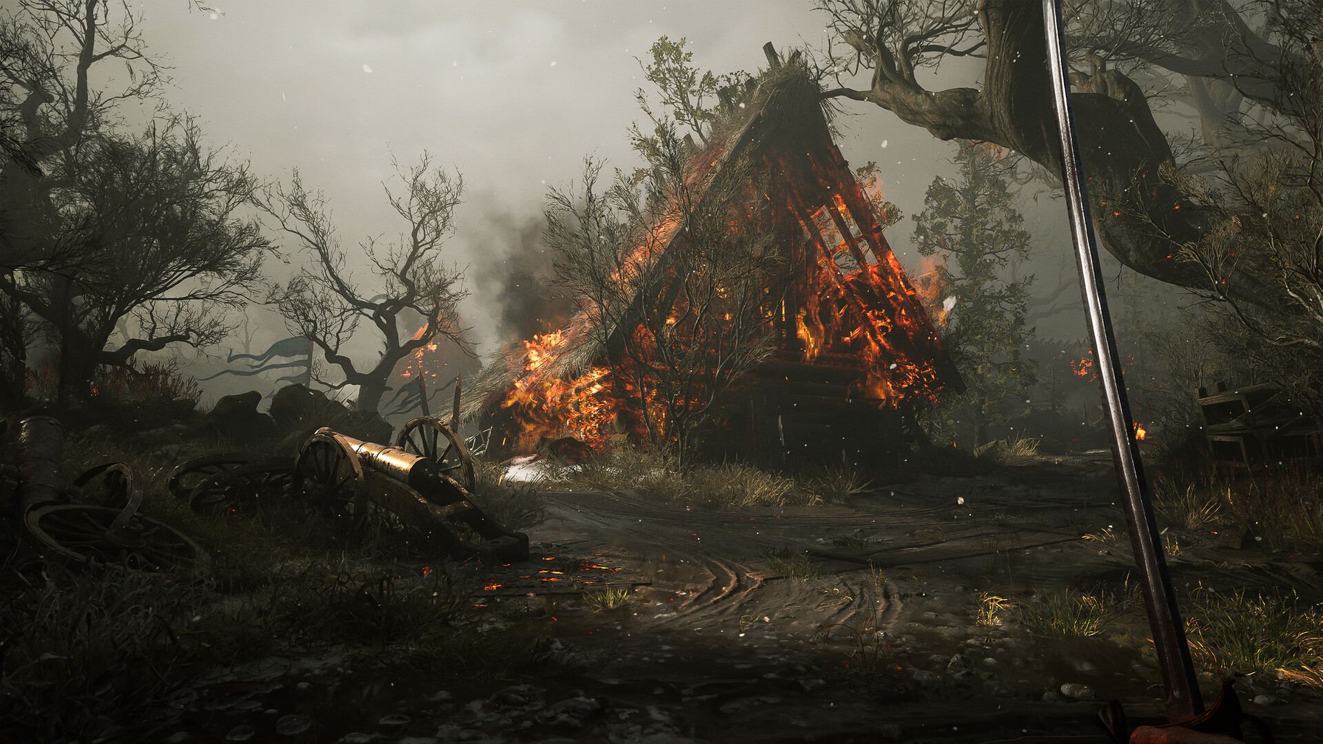Burning cabin and cannon in a dark forest HD Wallpaper