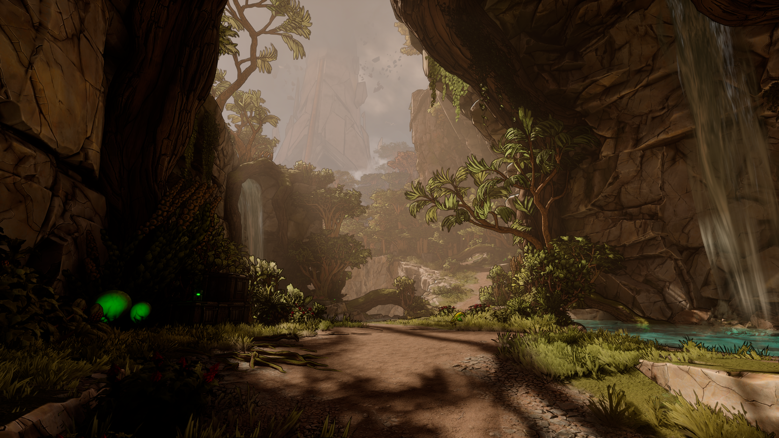 Borderlands 3 Lush Canyon with Waterfalls and Glowing Orbs HD Wallpaper