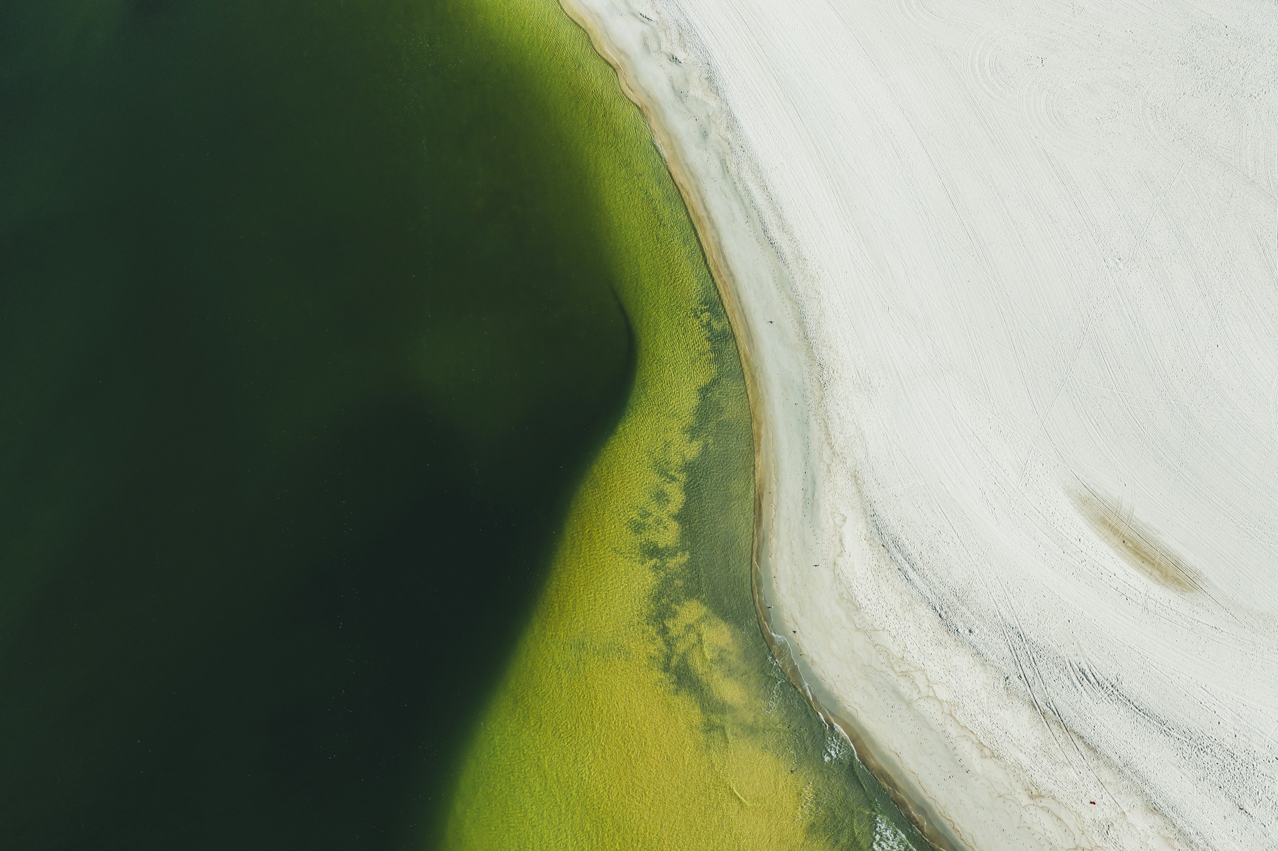 Aerial view of a green lake and sandy shore HD Wallpaper
