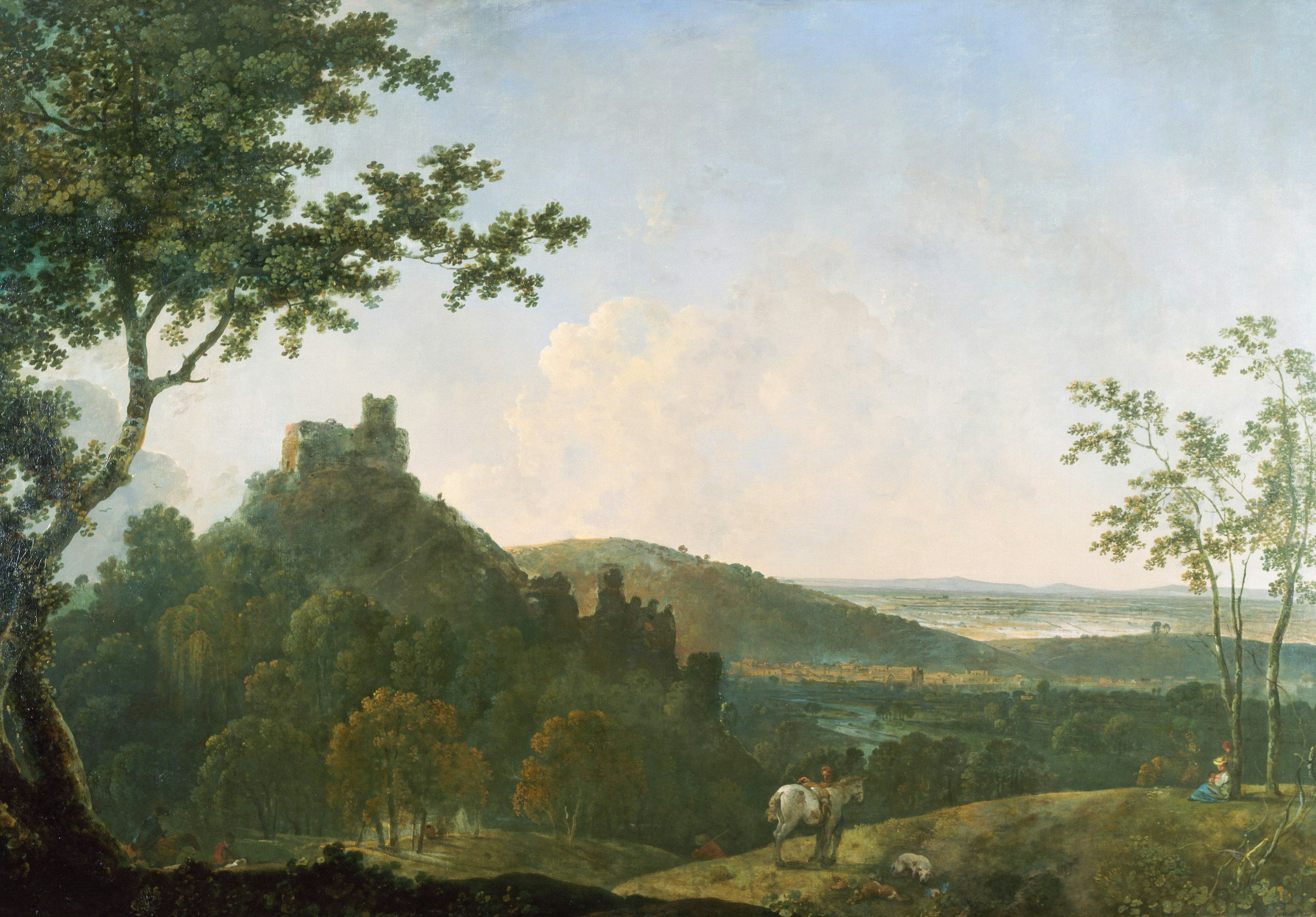 Landscape painting with castle and figures HD Wallpaper