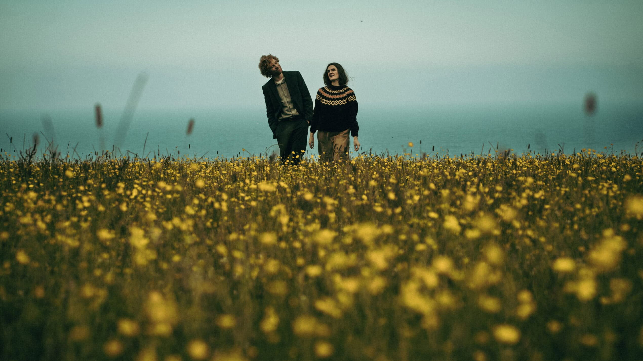 Couple walking through a field of yellow flowers HD Wallpaper