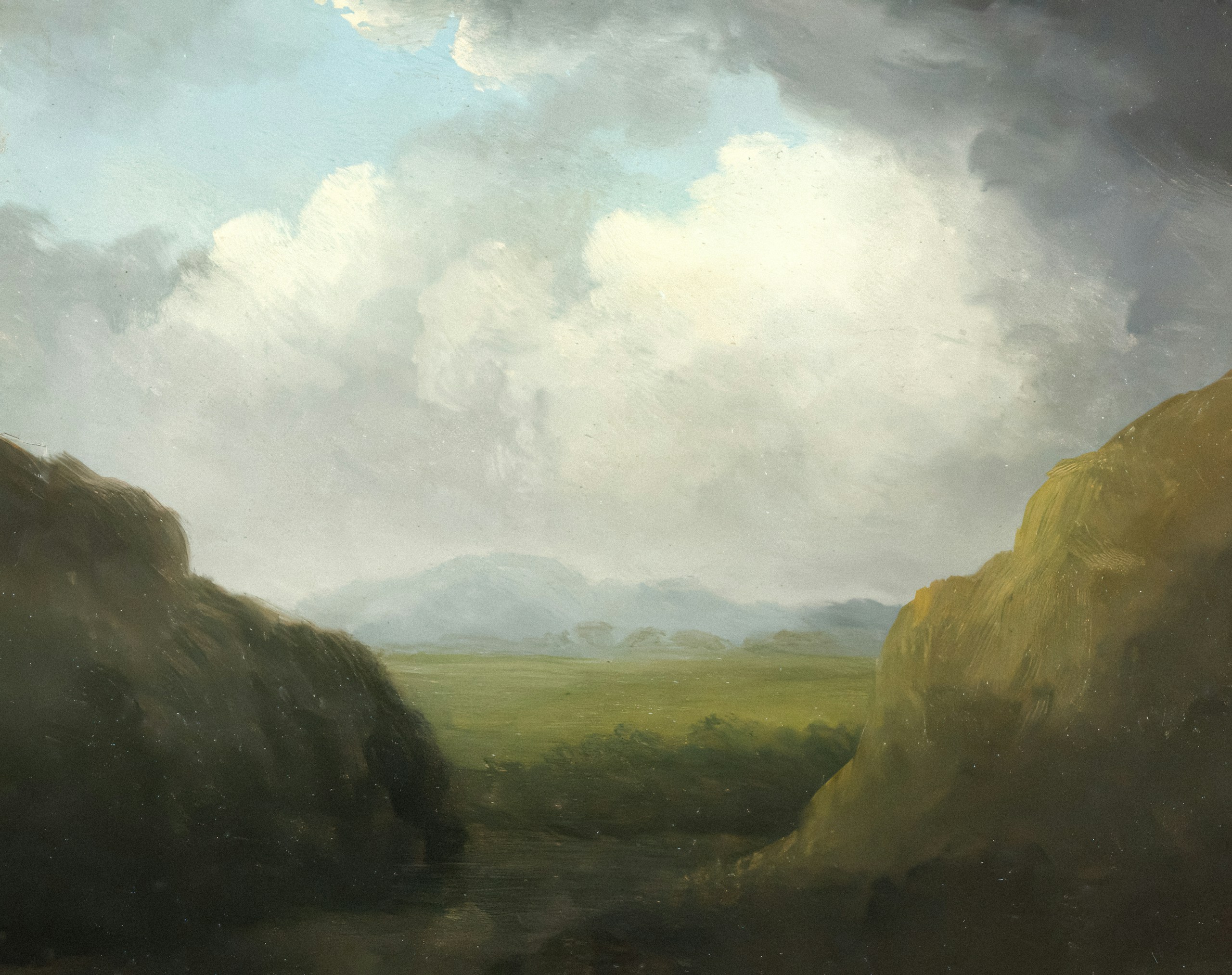 Painting of a cloudy sky over a green valley HD Wallpaper