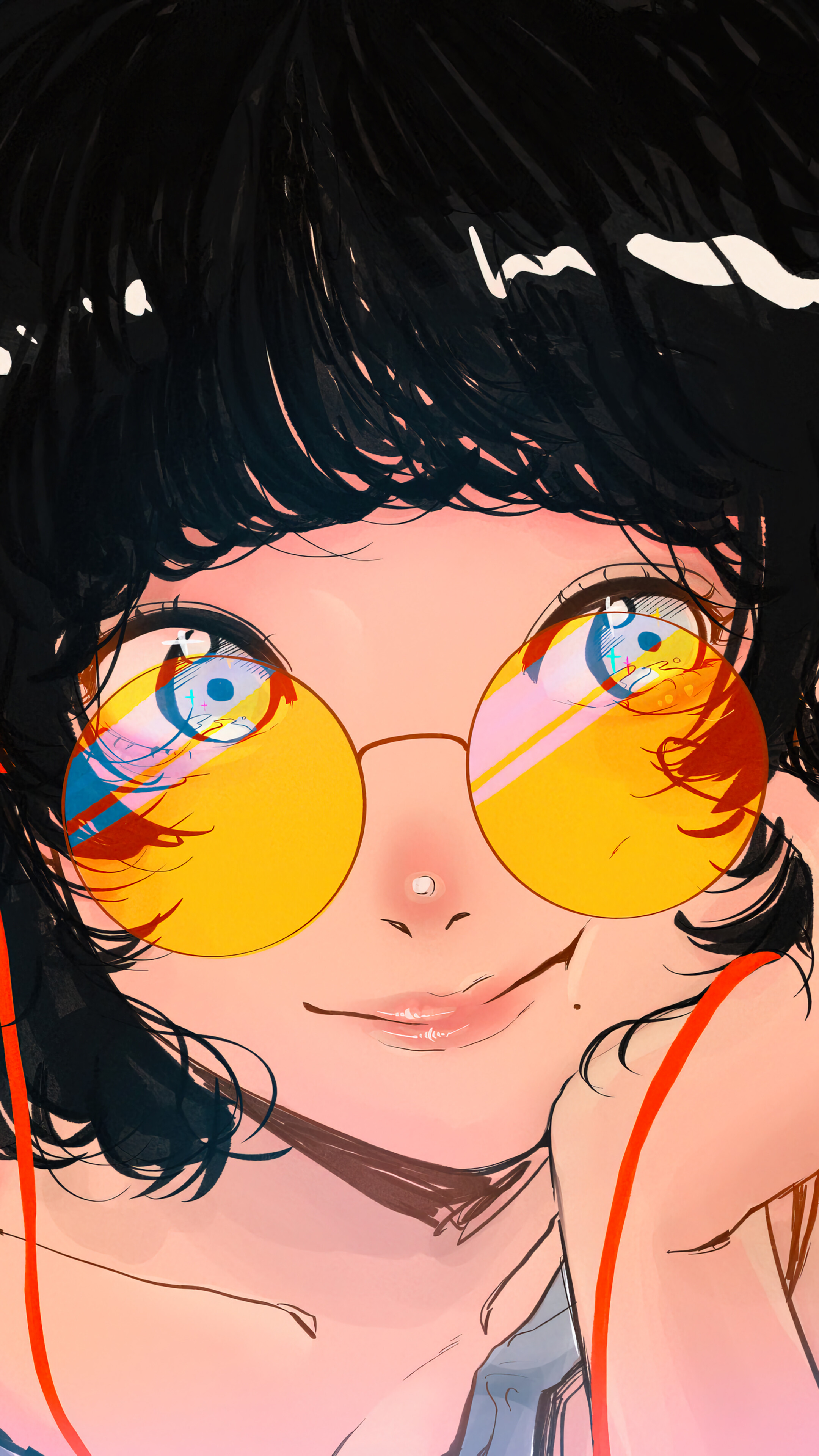 Anime girl with yellow sunglasses and headphones HD Wallpaper