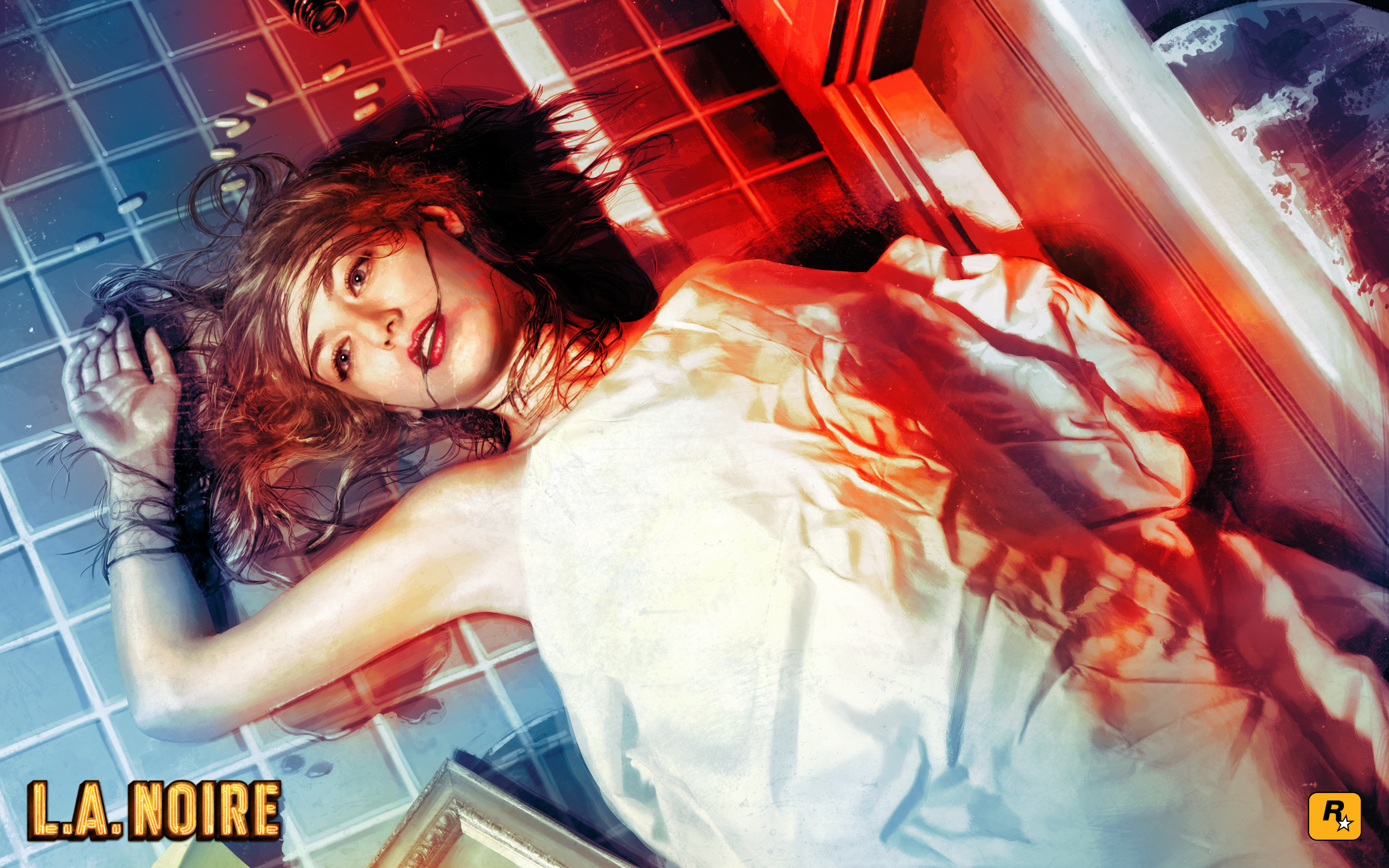 L.A. Noire: Woman lying on tiled floor with pills HD Wallpaper