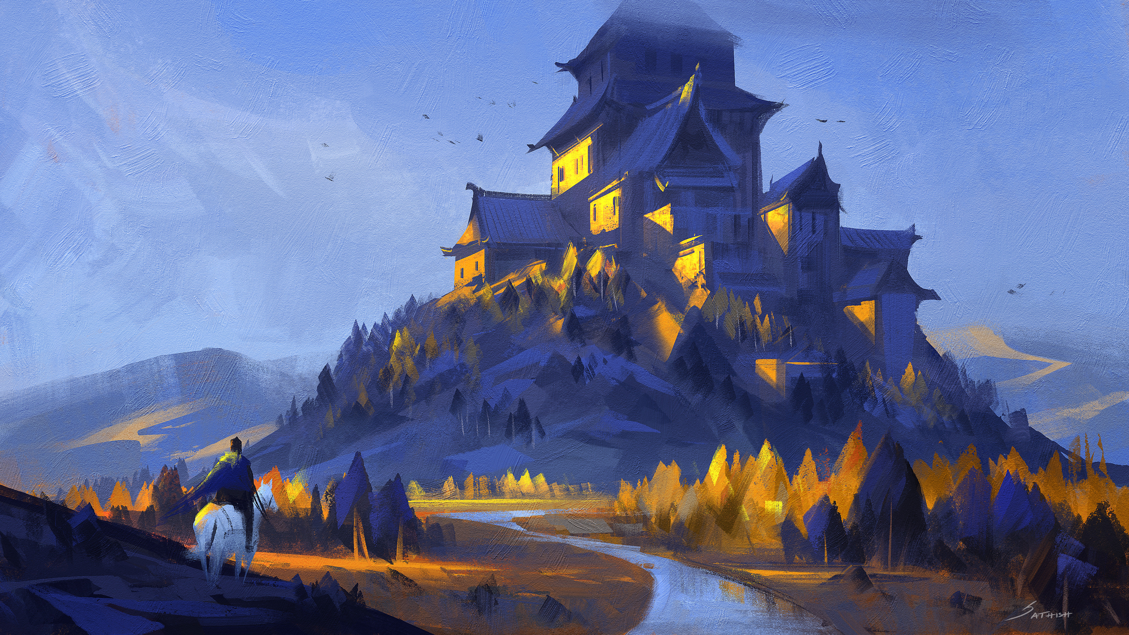 Fantasy castle on a hill with a rider HD Wallpaper