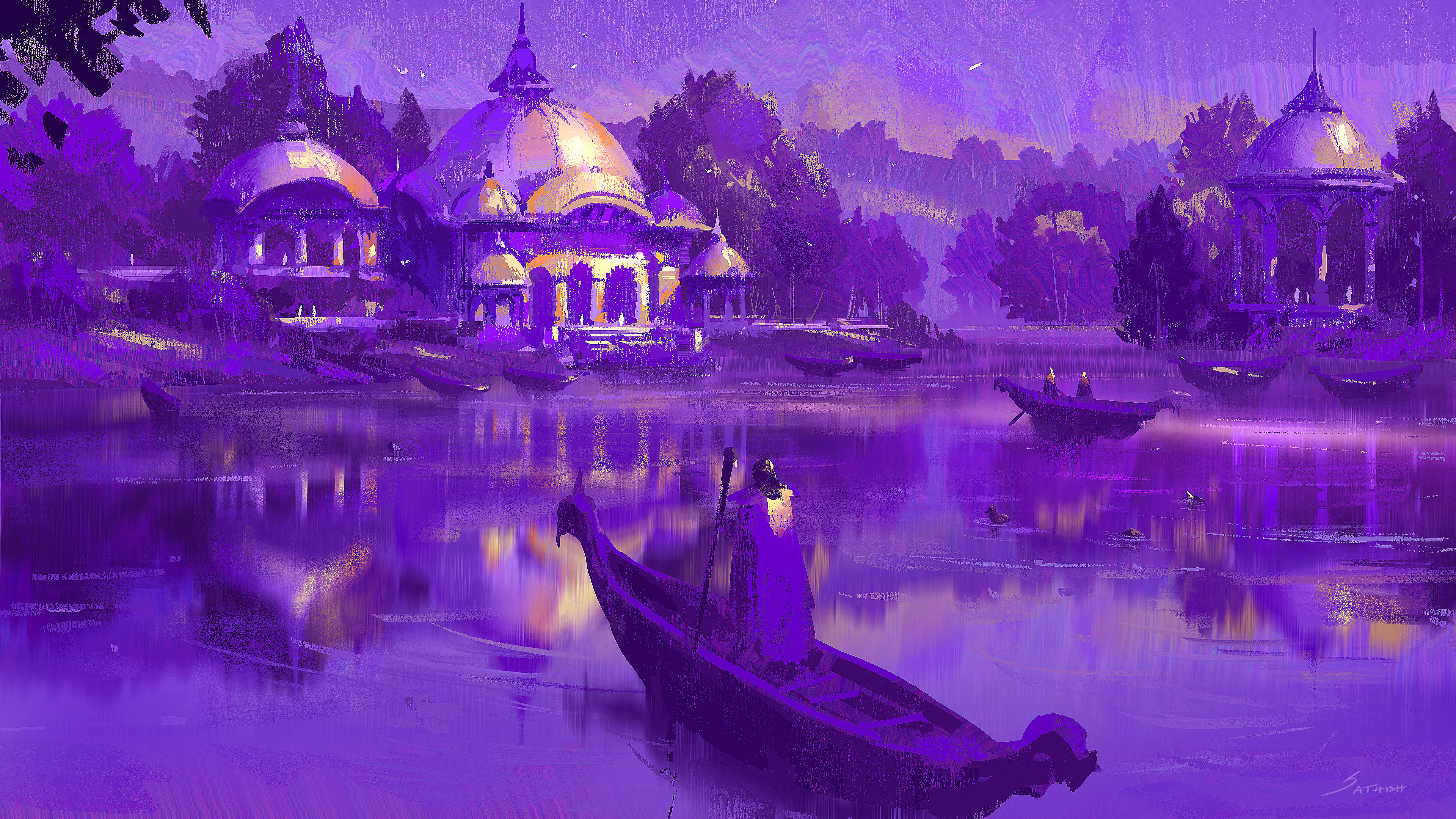 Purple fantasy landscape with boats and temples HD Wallpaper