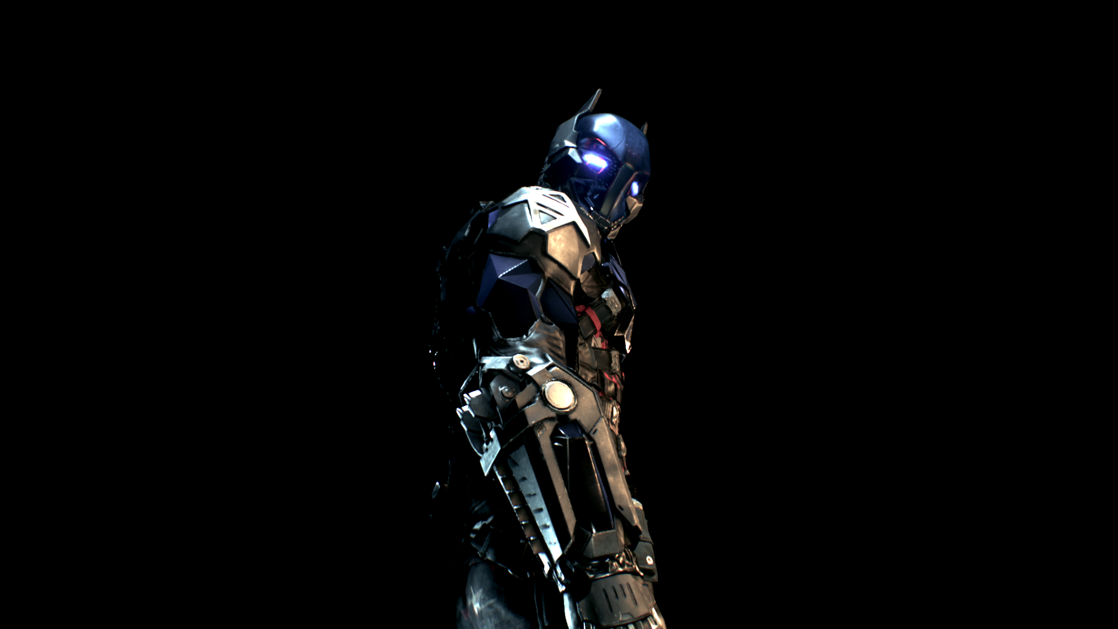 Arkham Knight in dark armor with glowing blue eyes HD Wallpaper