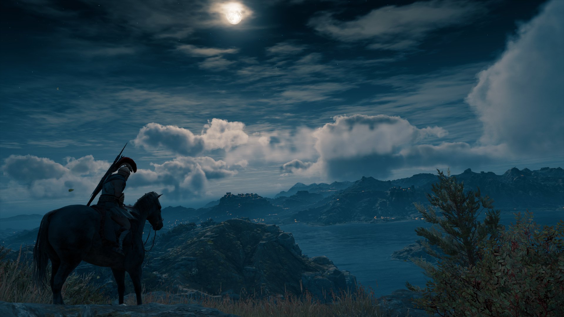 Assassin's Creed Odyssey: Rider on a horse overlooking a bay HD Wallpaper