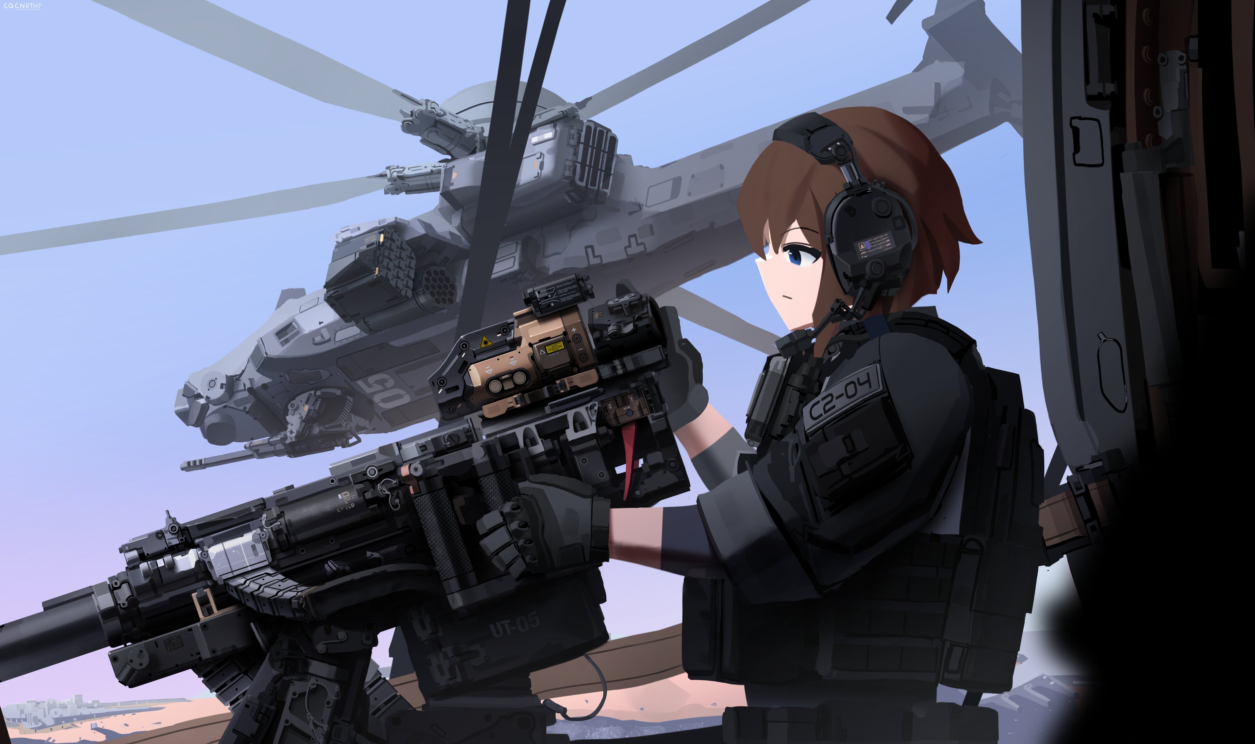 Anime girl with gun in helicopter, military aircraft HD Wallpaper