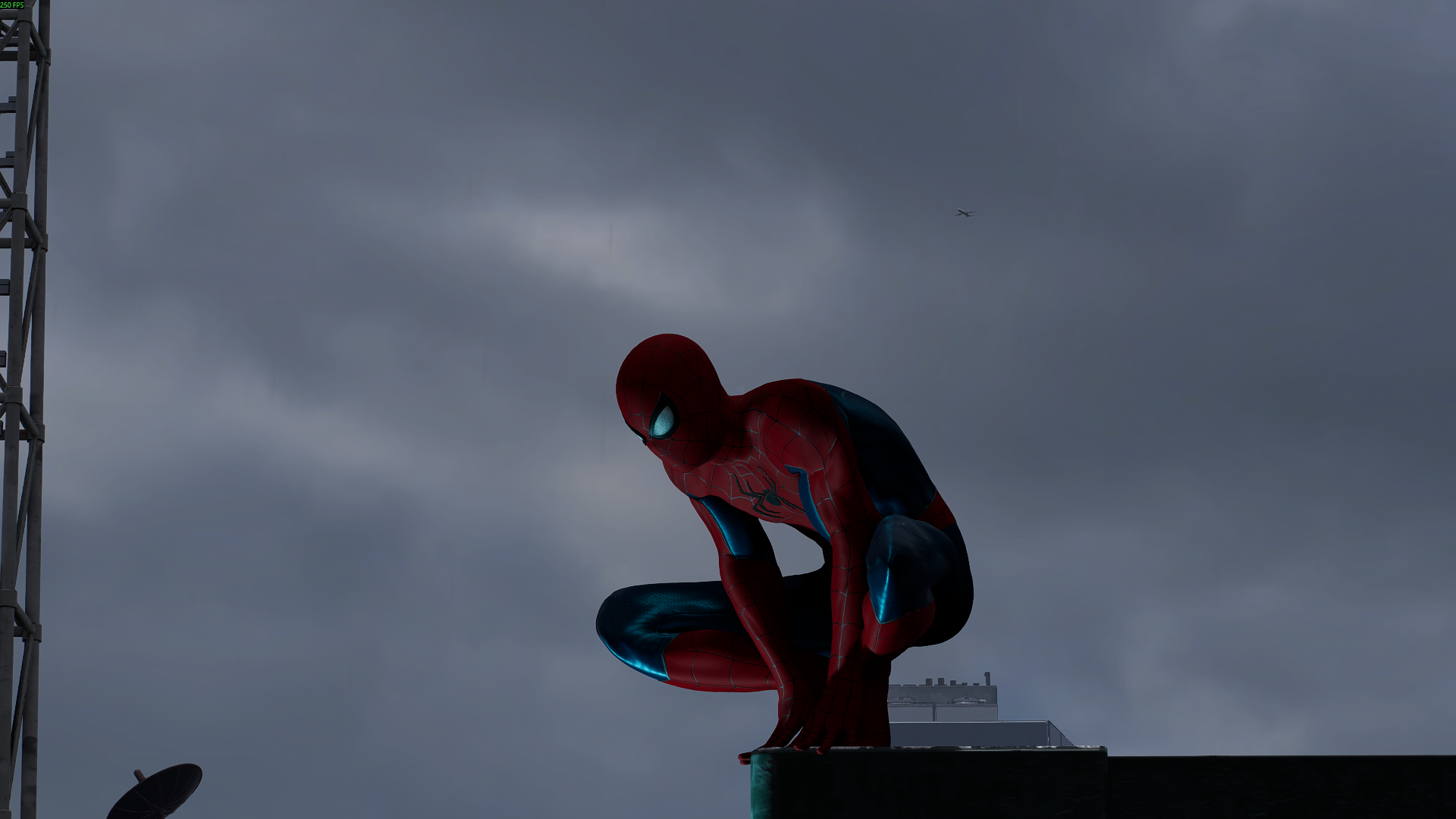 Spider-Man crouching on a rooftop under a cloudy sky HD Wallpaper