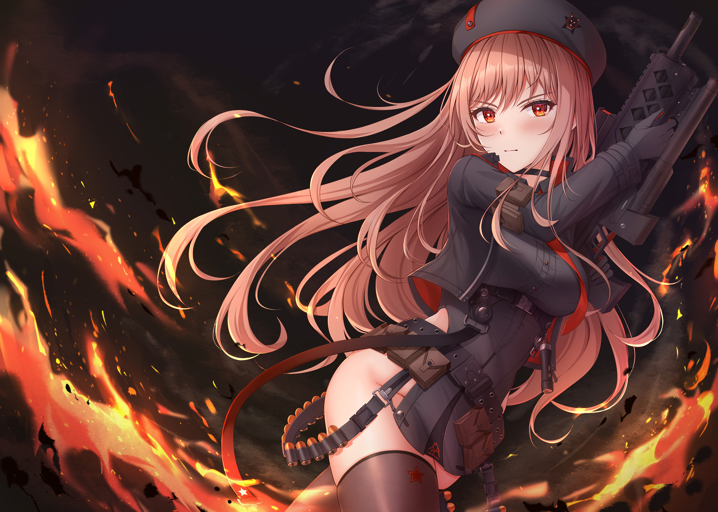 Anime Girl in Military Outfit Holding a Rifle Amidst Flames HD Wallpaper