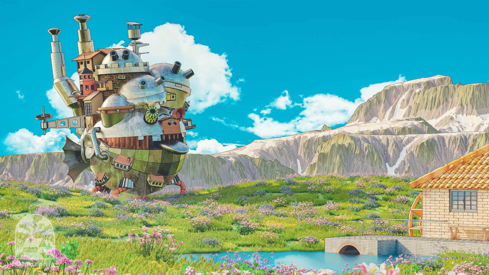 Howl's Moving Castle in a field of flowers HD Wallpaper