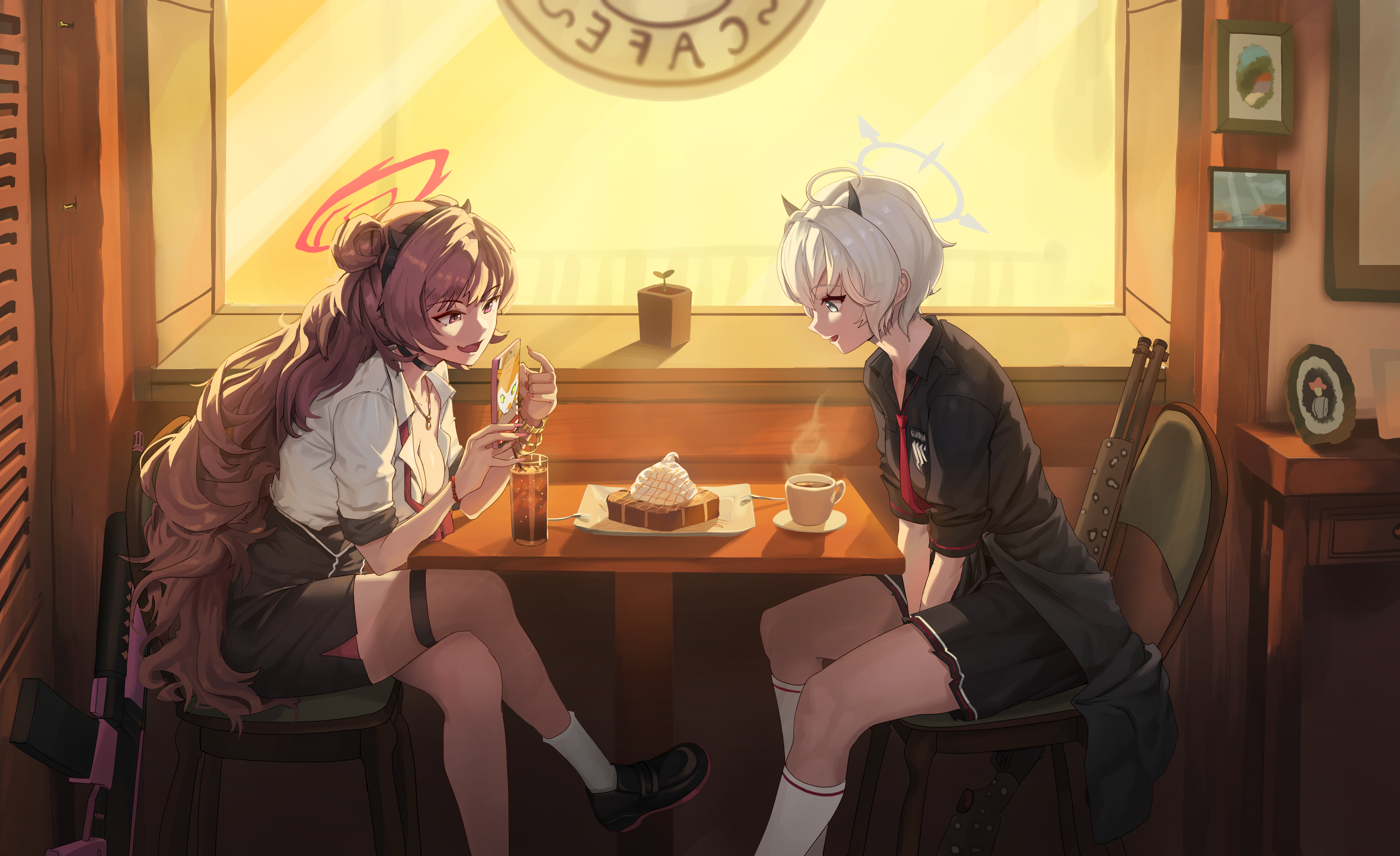 Two girls at a cafe with a gun and a guitar HD Wallpaper