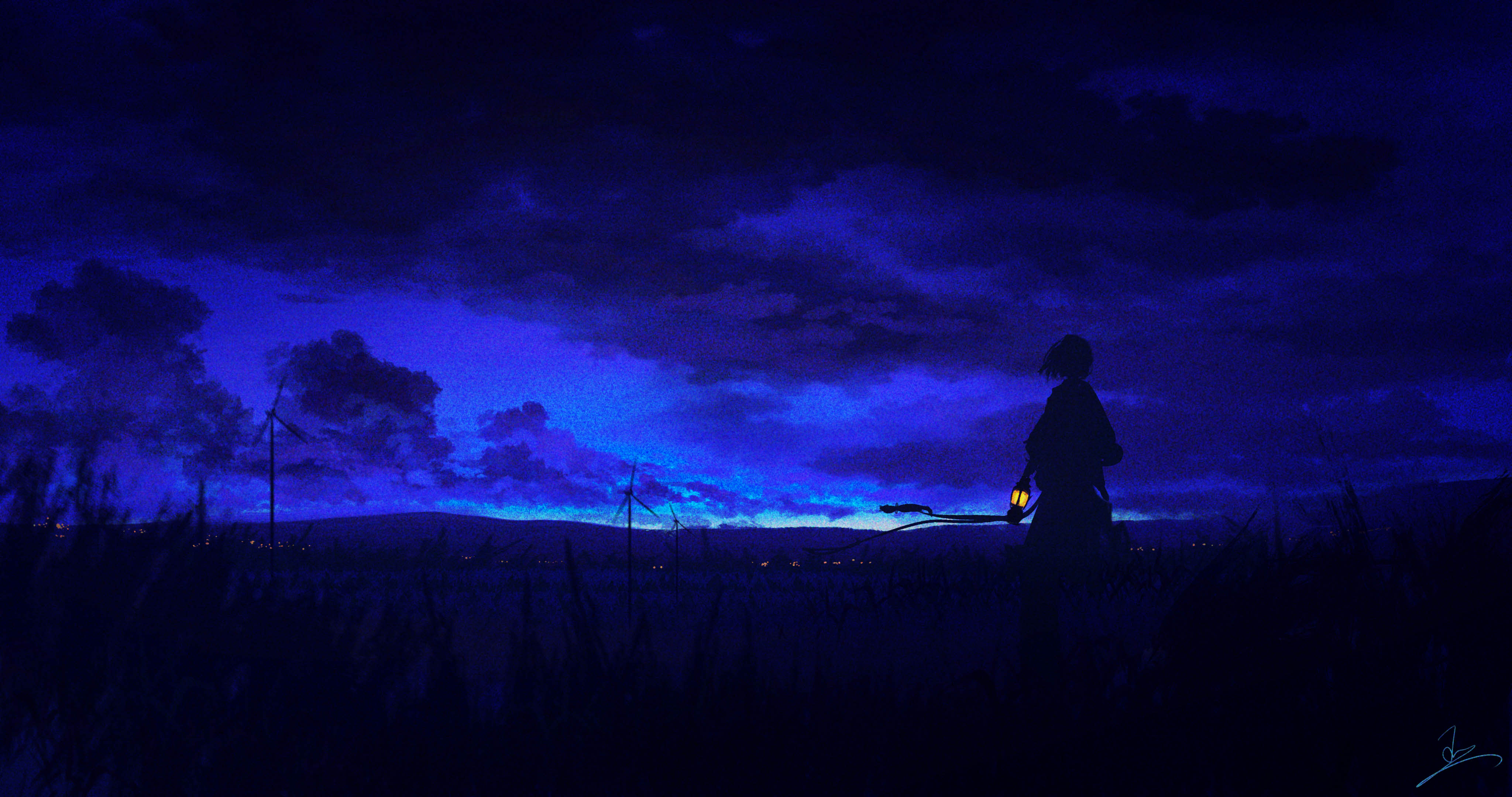 Anime girl with lantern in a field at dusk HD Wallpaper