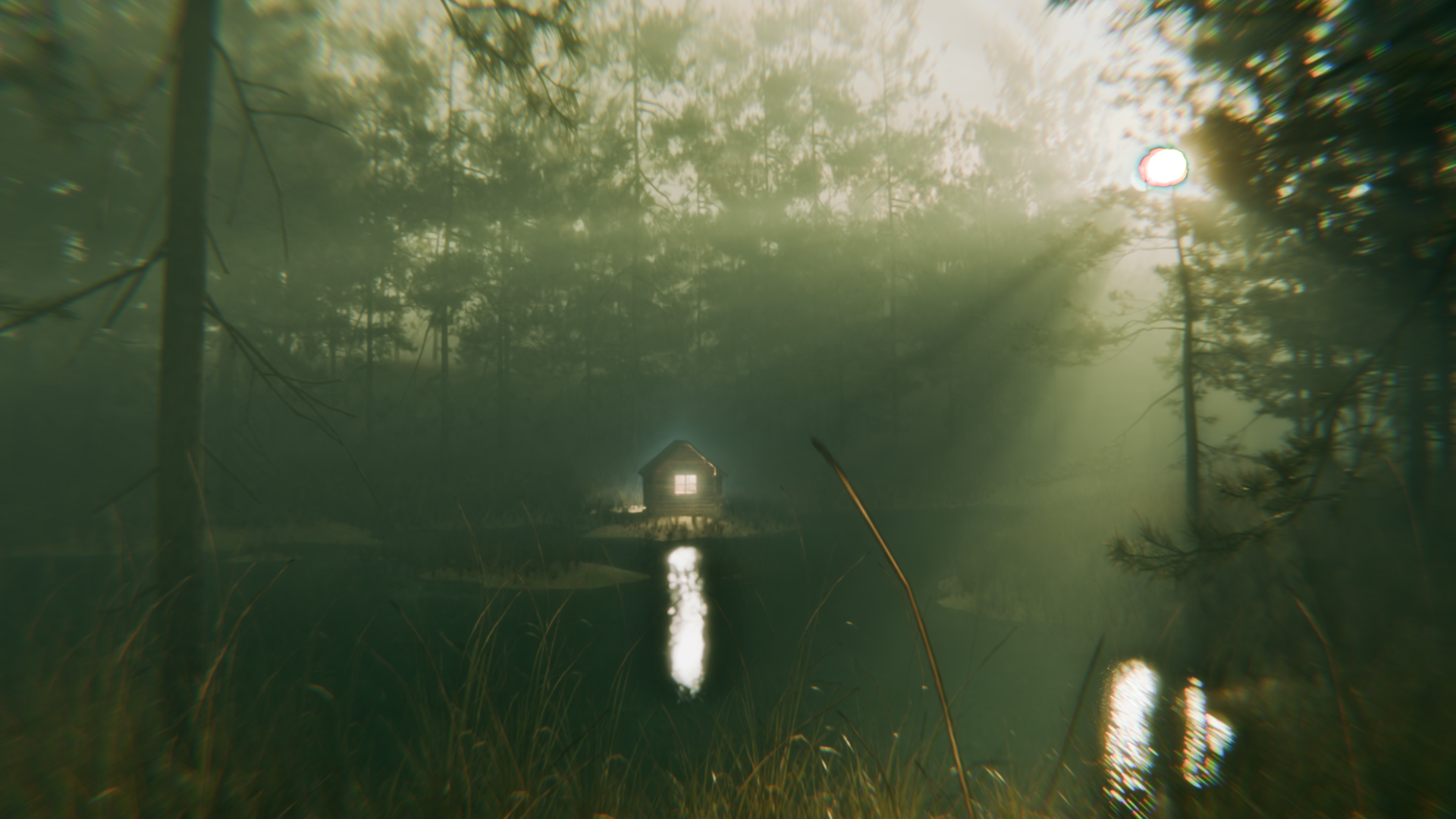Misty forest with a glowing cabin on a lake HD Wallpaper