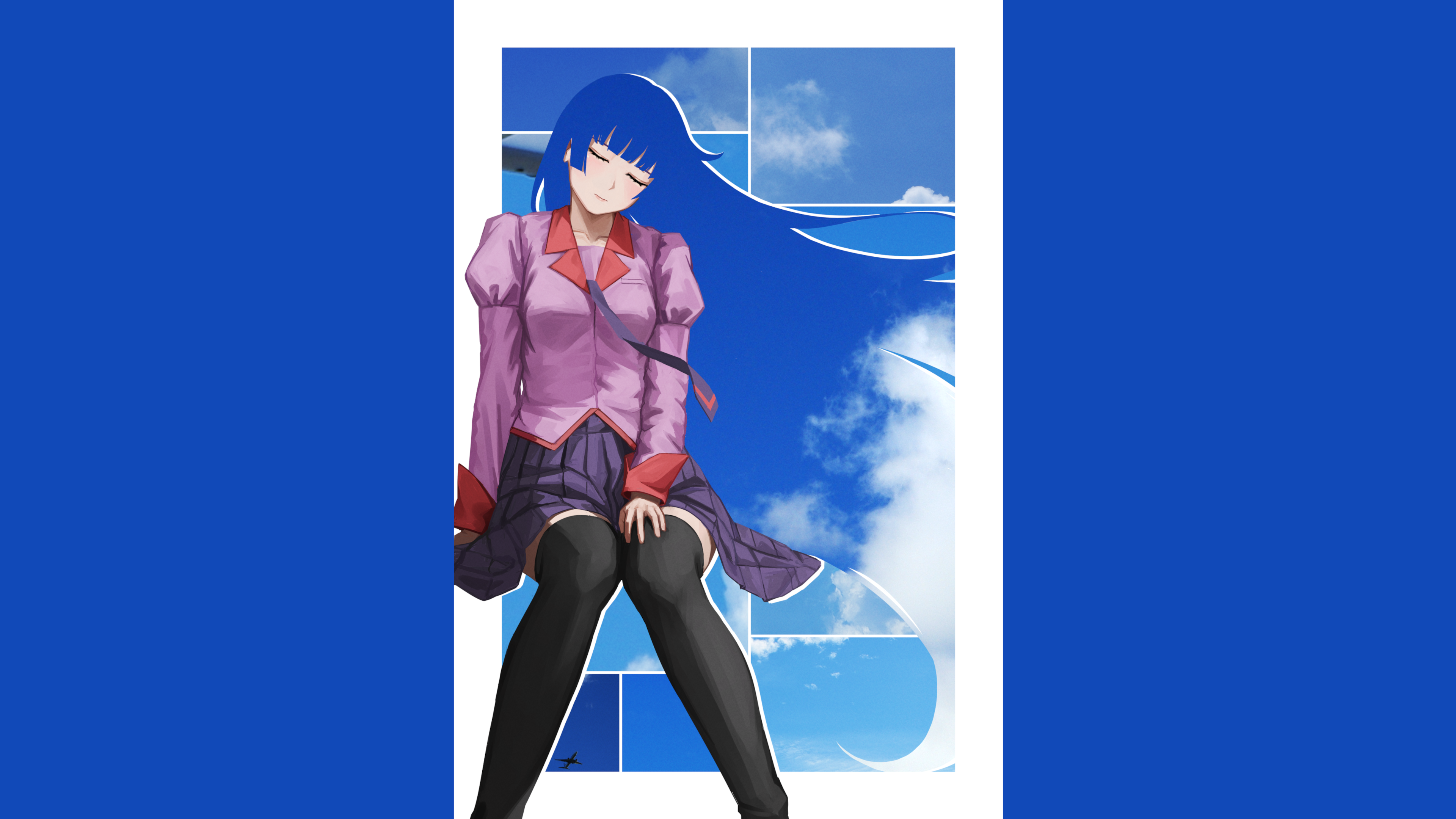 Shinobu Oshino from Monogatari Series sitting against blue sky HD Wallpaper