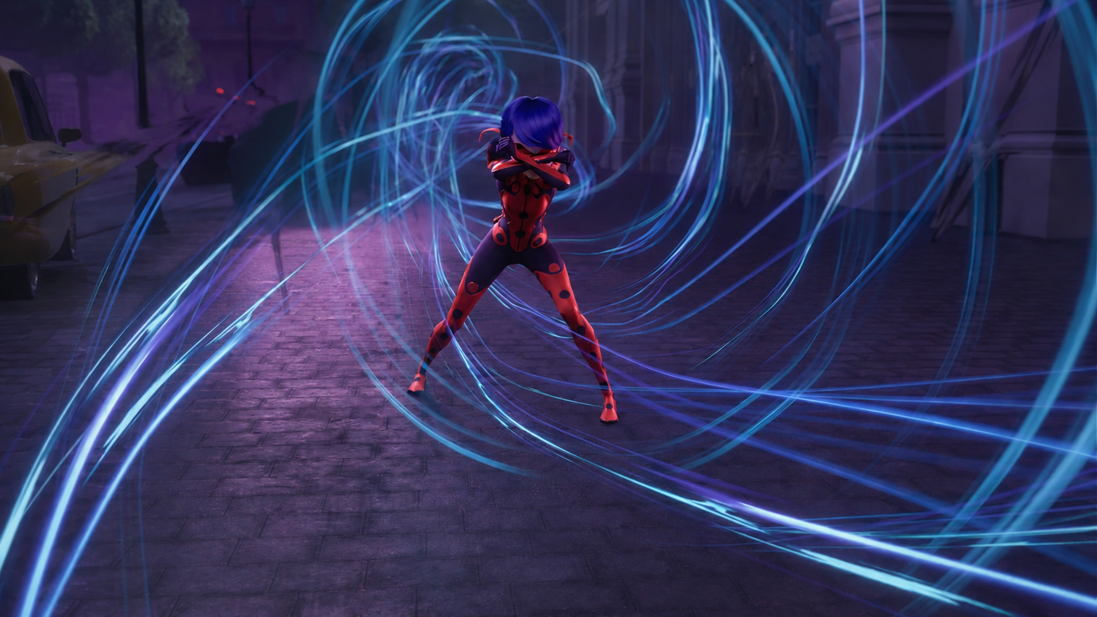 Miraculous Ladybug character with blue energy swirls HD Wallpaper